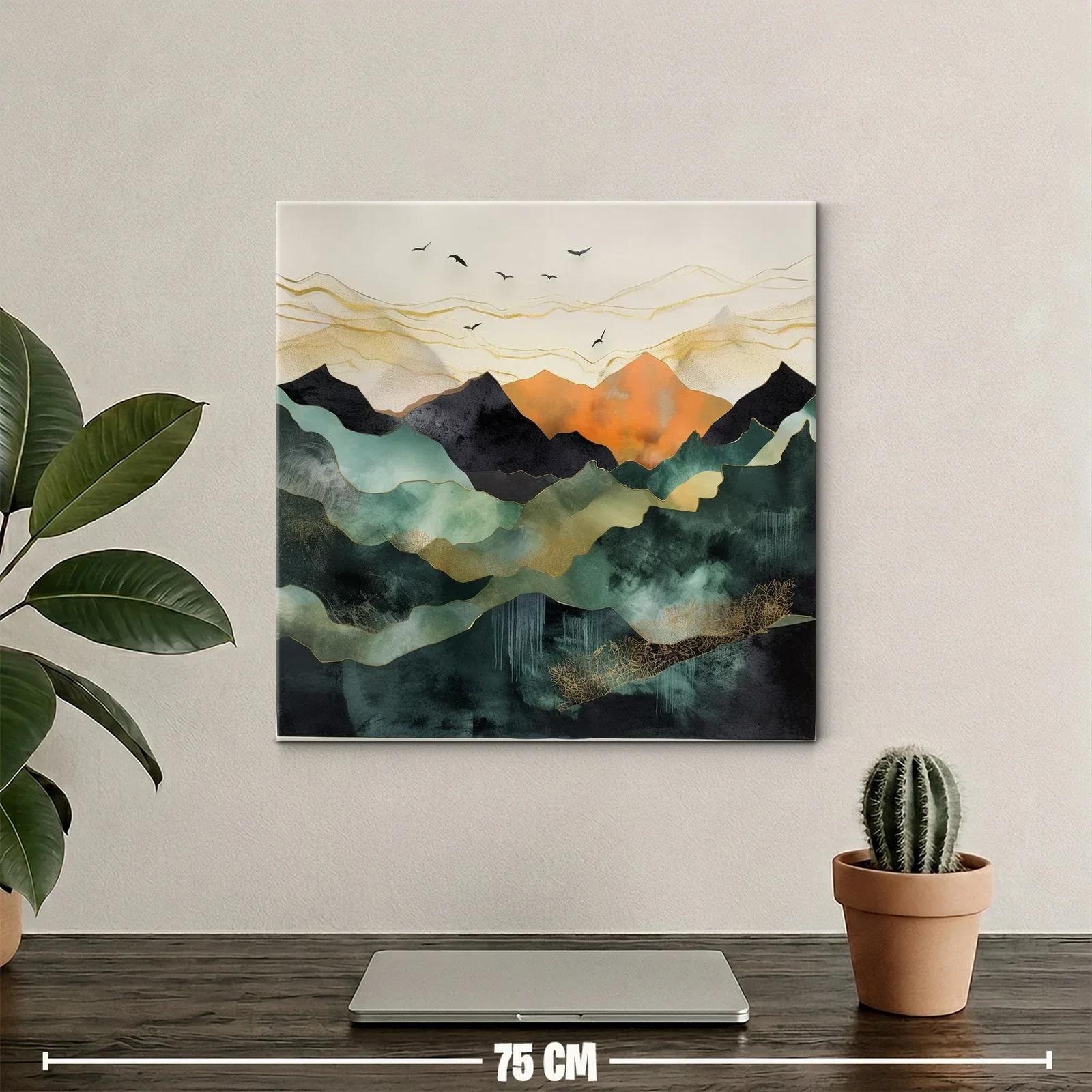 Paisaje abstracto con montañas y aves en tonos cálidos — miniatura 2