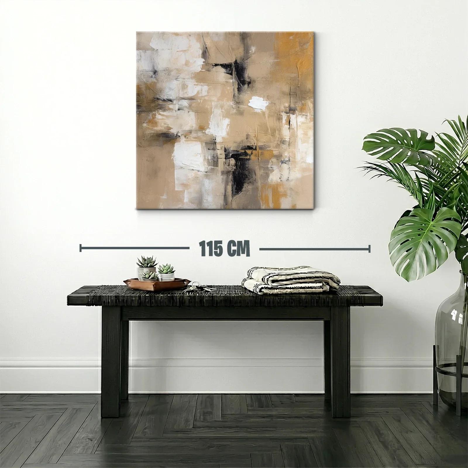 Cuadro abstracto en tonos beige y ocres con contraste negro — miniatura 2