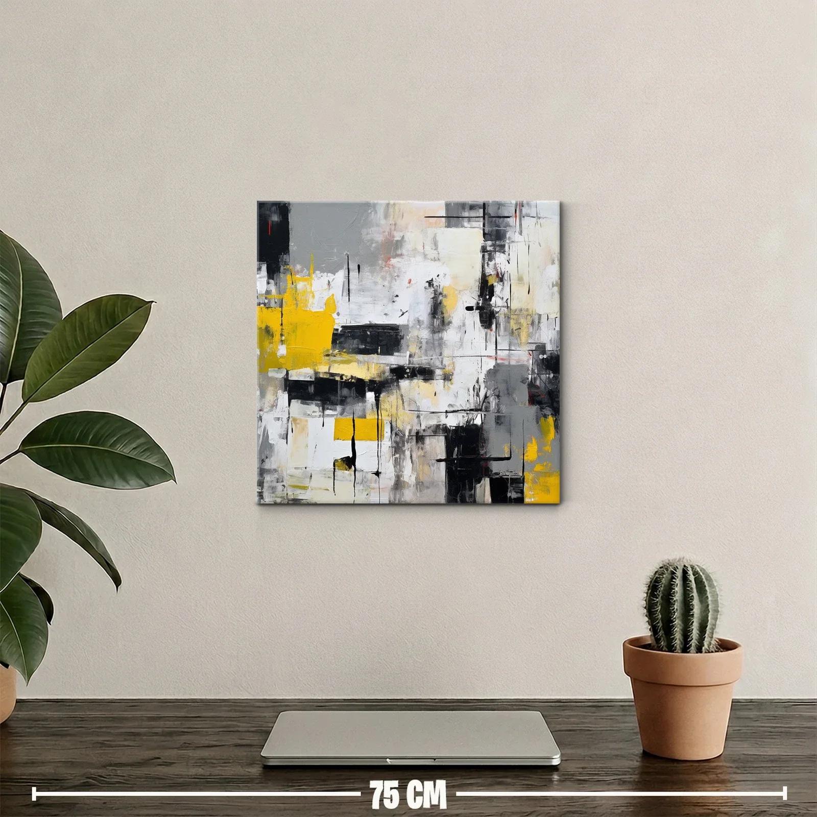 Cuadro abstracto con tonos grises y toques amarillos vibrantes — miniatura 2