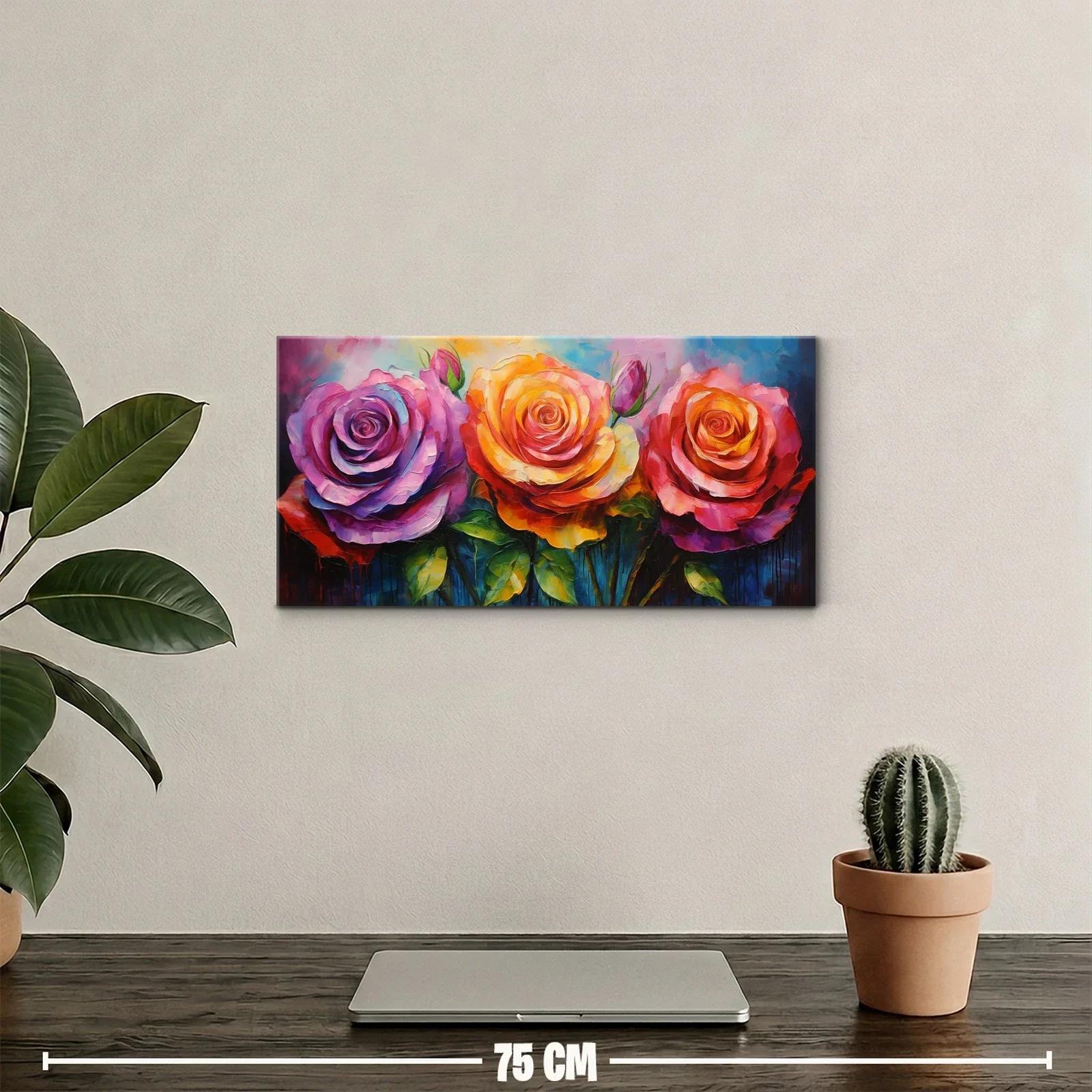 Cuadro tres rosas abiertas con capullos y fondo multicolor — miniatura 2