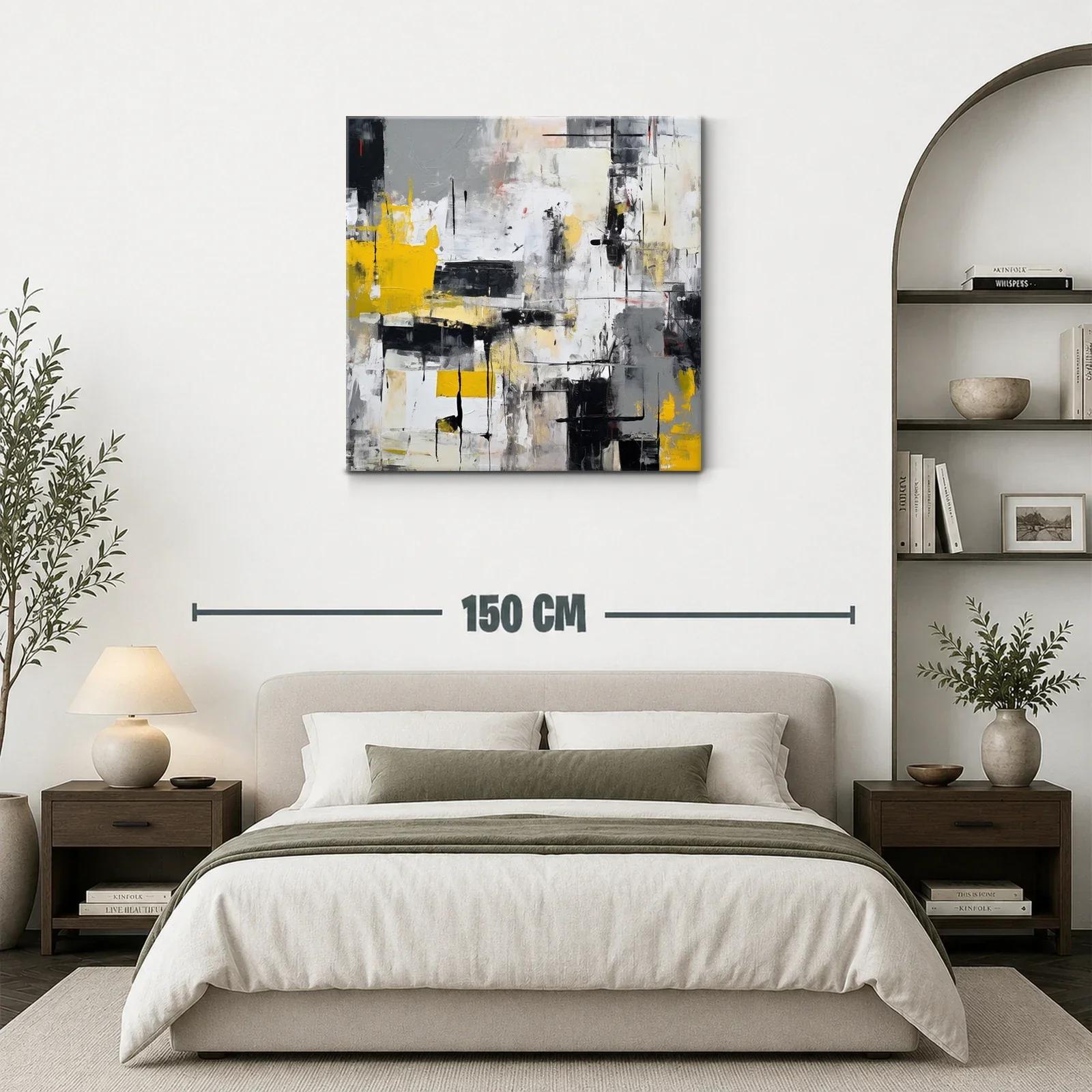 Cuadro abstracto con tonos grises y toques amarillos vibrantes — miniatura 3