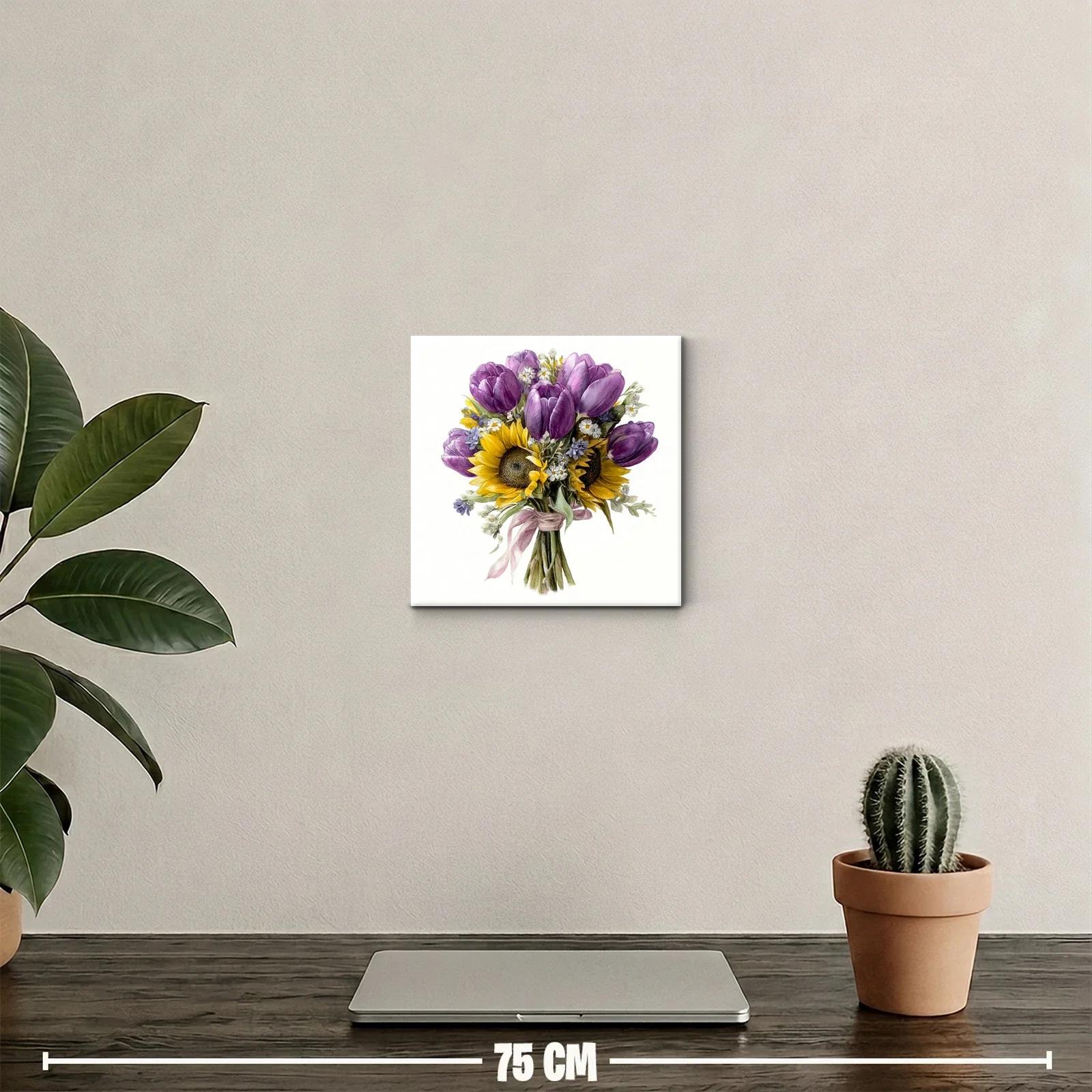 Cuadro ramo floral con girasoles y tulipanes morados — miniatura 2