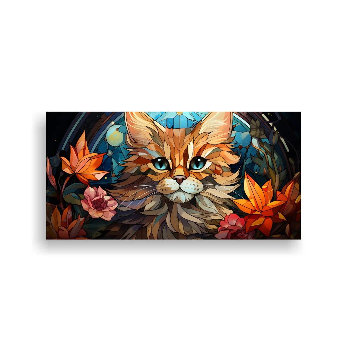 Cuadro gato naranja de ojos azules con flores tipo vidriera
