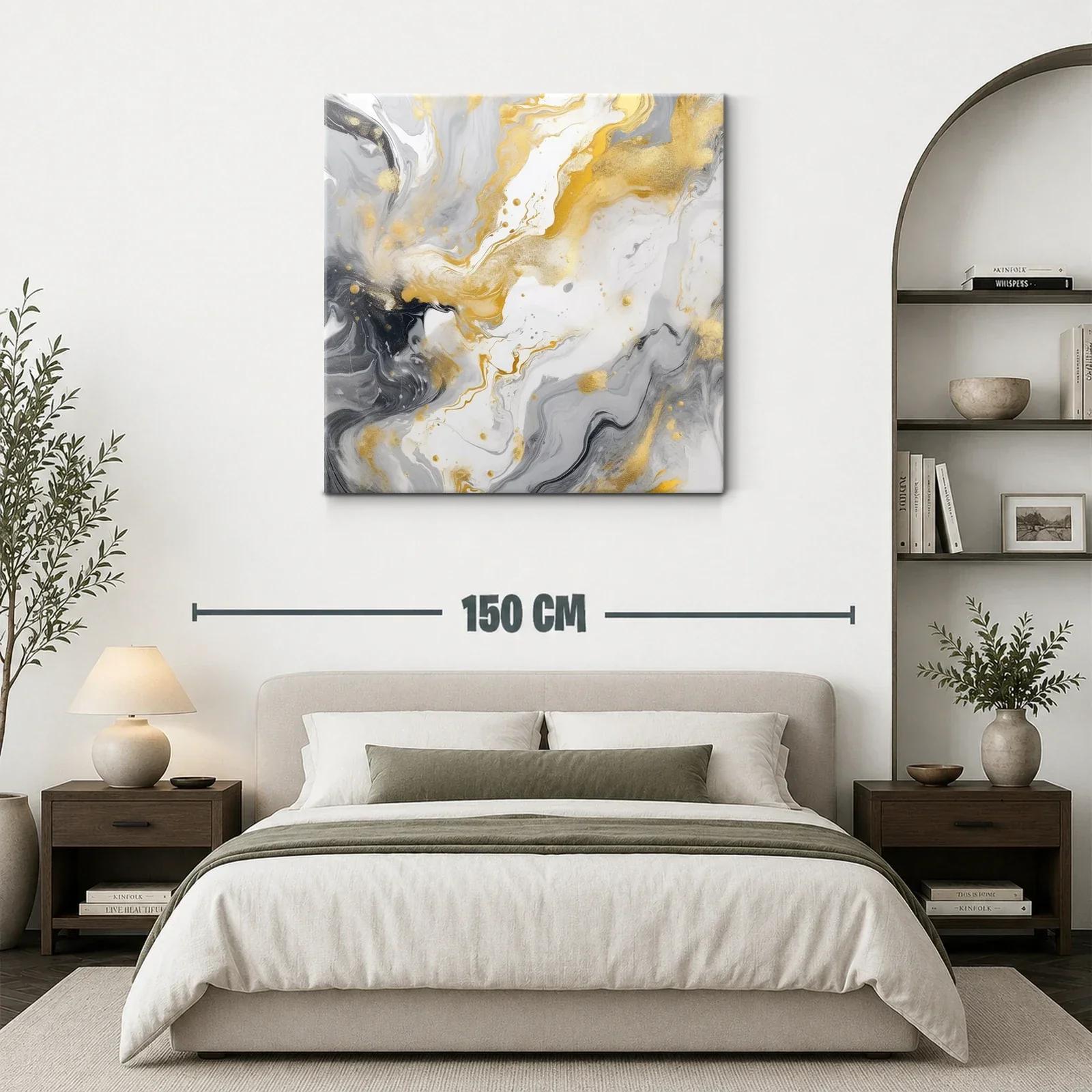 Cuadro abstracto con tonos dorados y grises fluidos en movimiento — miniatura 3