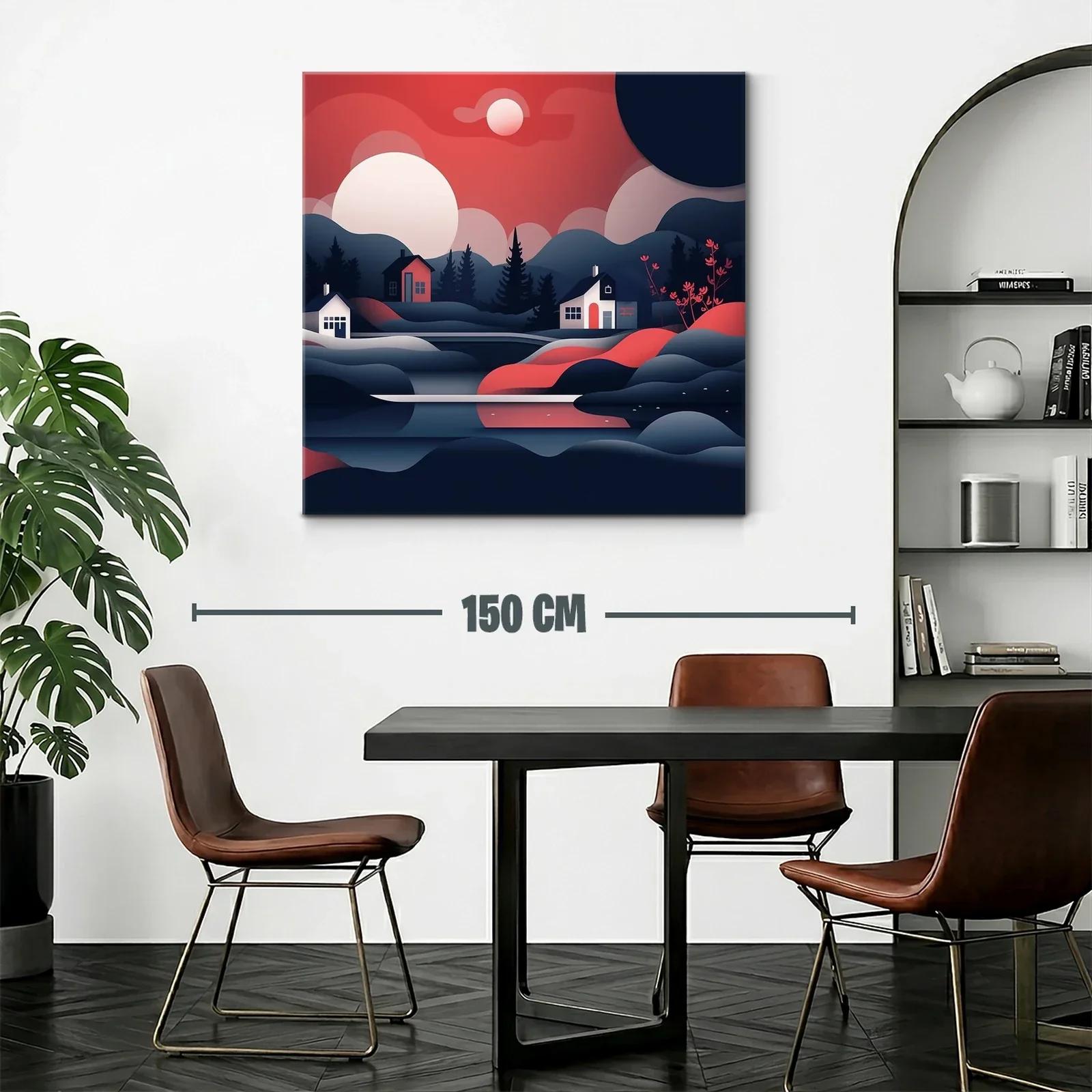 Paisaje nocturno con casas y montañas en tonos rojos y azules — miniatura 2