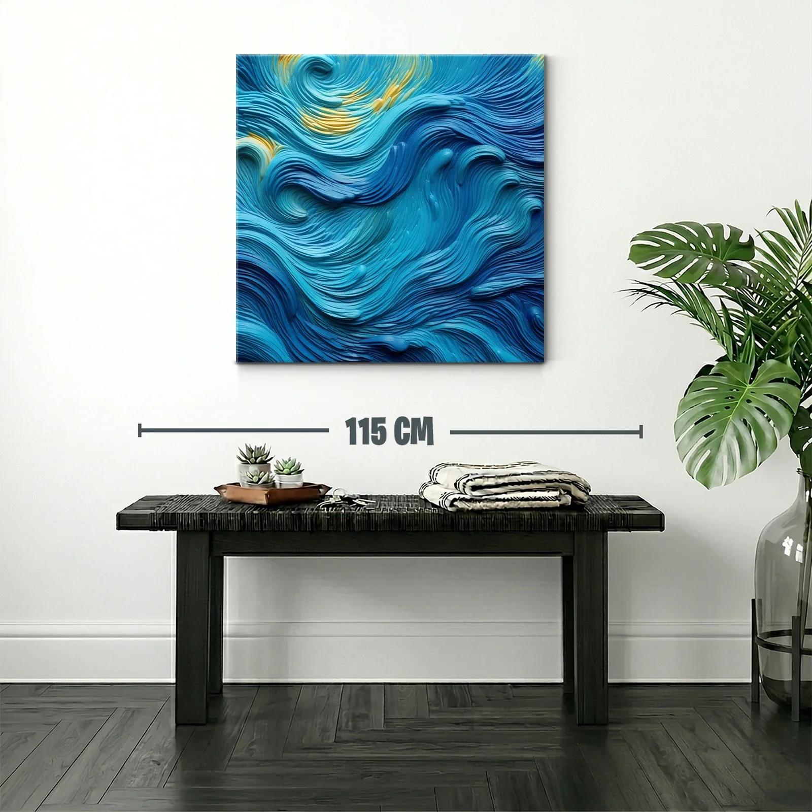 Cuadro abstracto con ondas en tonos azules y toques dorados — miniatura 2