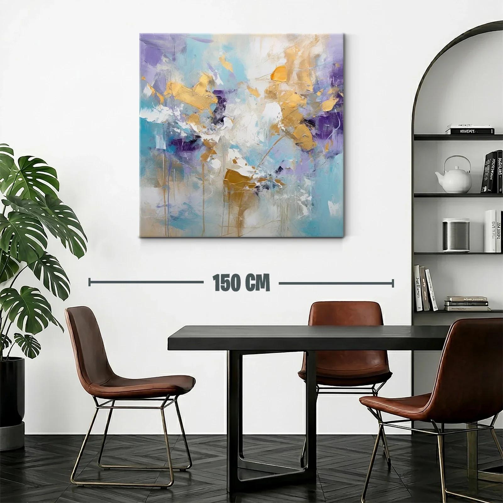 Cuadro abstracto con dorados y tonos fríos vibrantes — miniatura 2