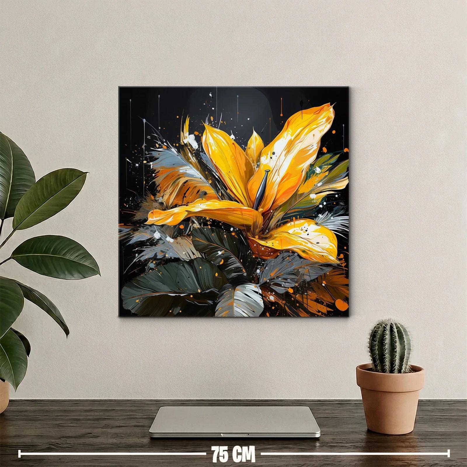 Cuadro vibrante con flor amarilla y hojas en tonos oscuros — miniatura 2