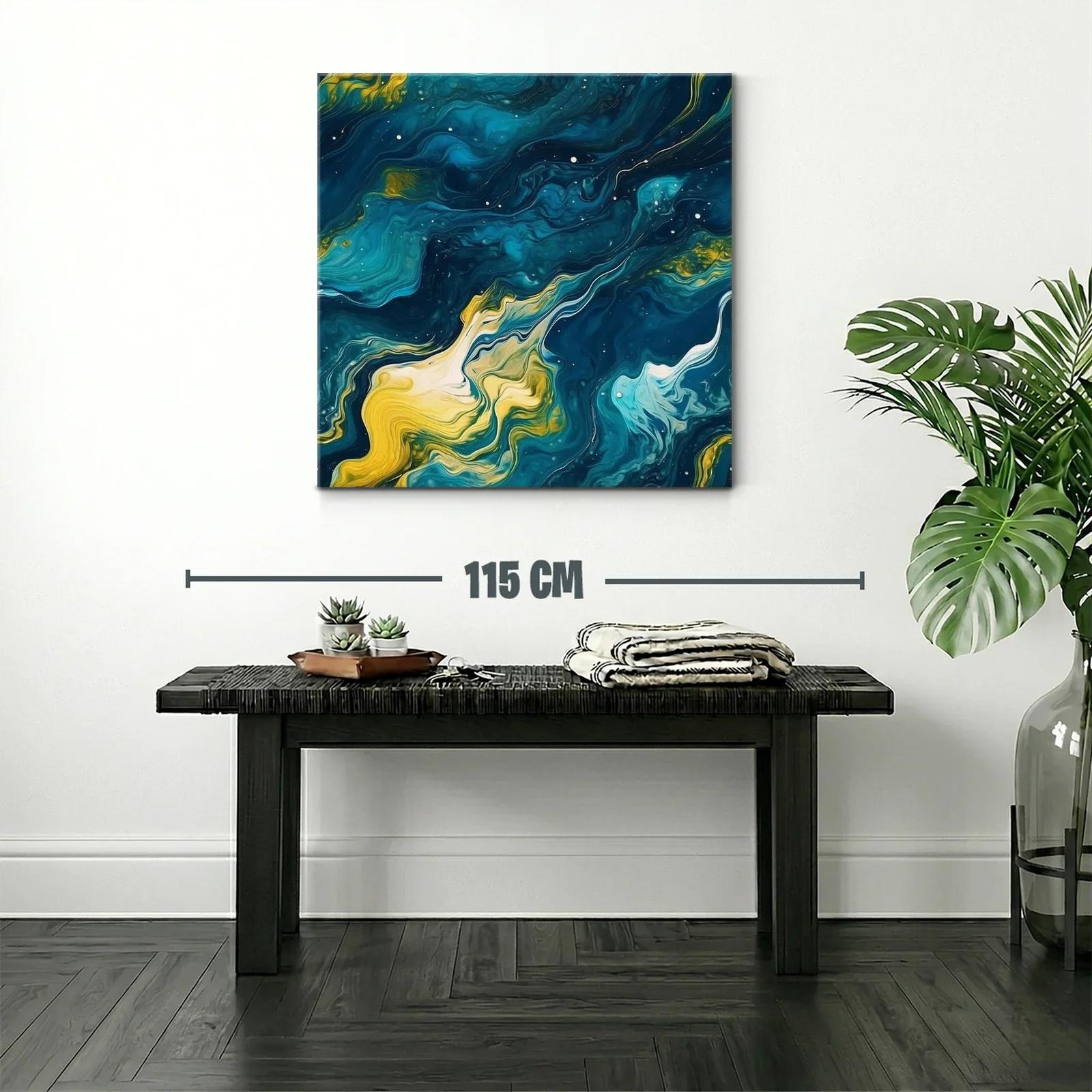 Cuadro abstracto de ondas fluidas en azul y amarillo — miniatura 2