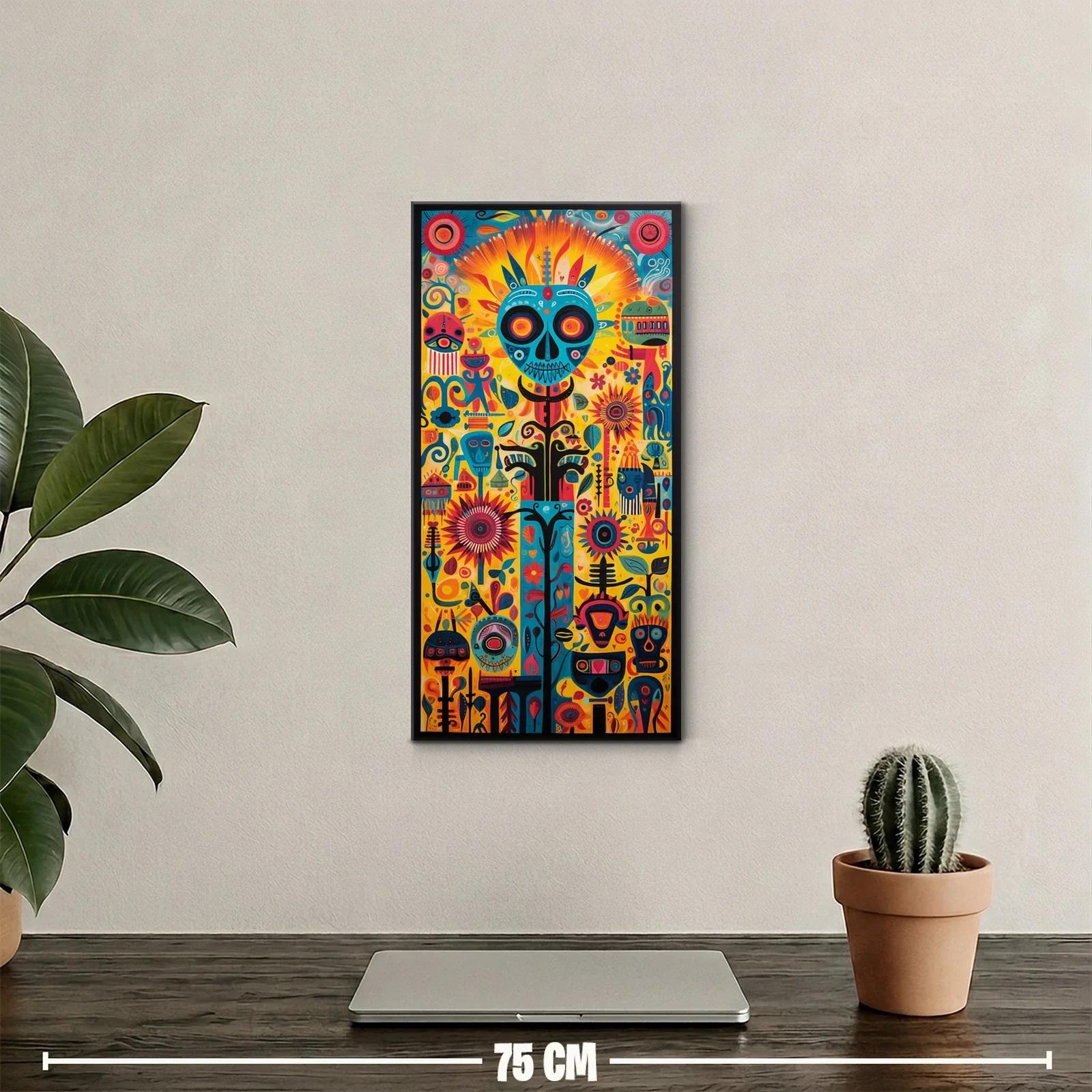 Cuadro calavera de gato con flores y aves folclóricas — miniatura 2