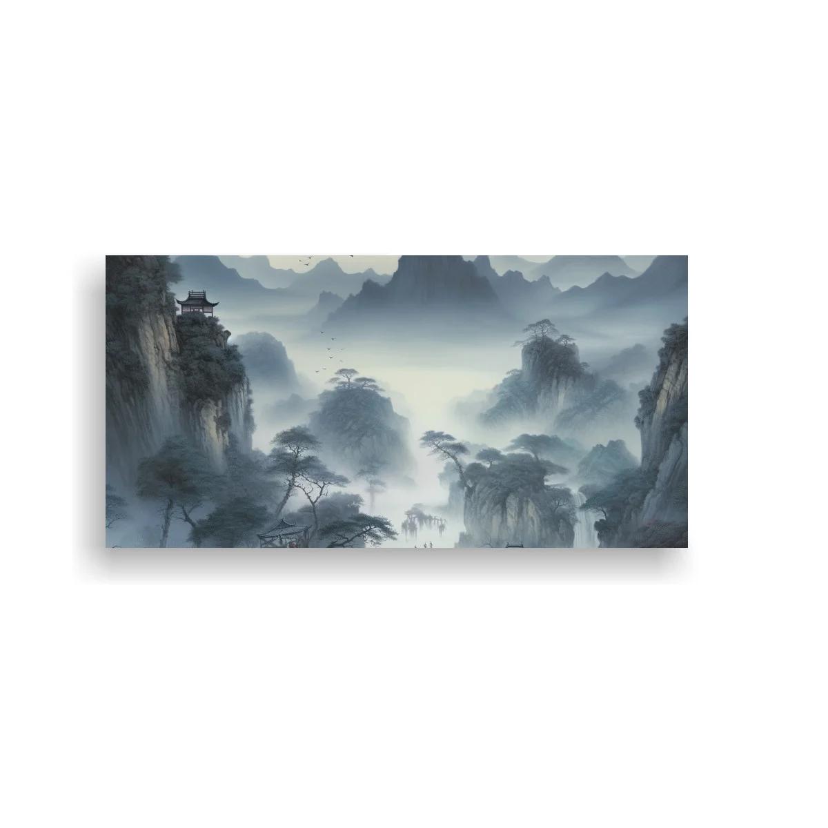 Cuadro paisaje de montañas brumosas con pagodas sobre riscos — imagen principal