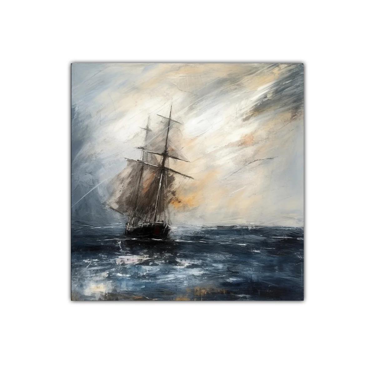 Velero en mar tempestuoso con cielo nublado y luz tenue — miniatura 1