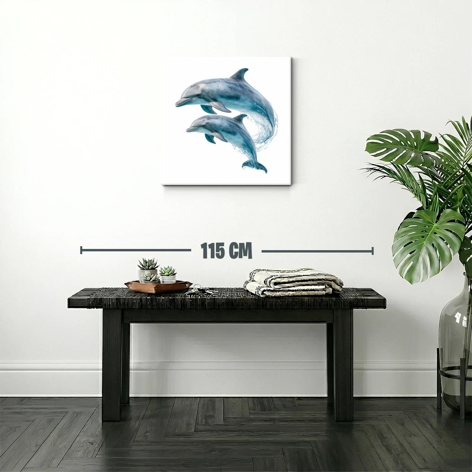 Cuadro de delfines saltando en tonos azules y grises — miniatura 2