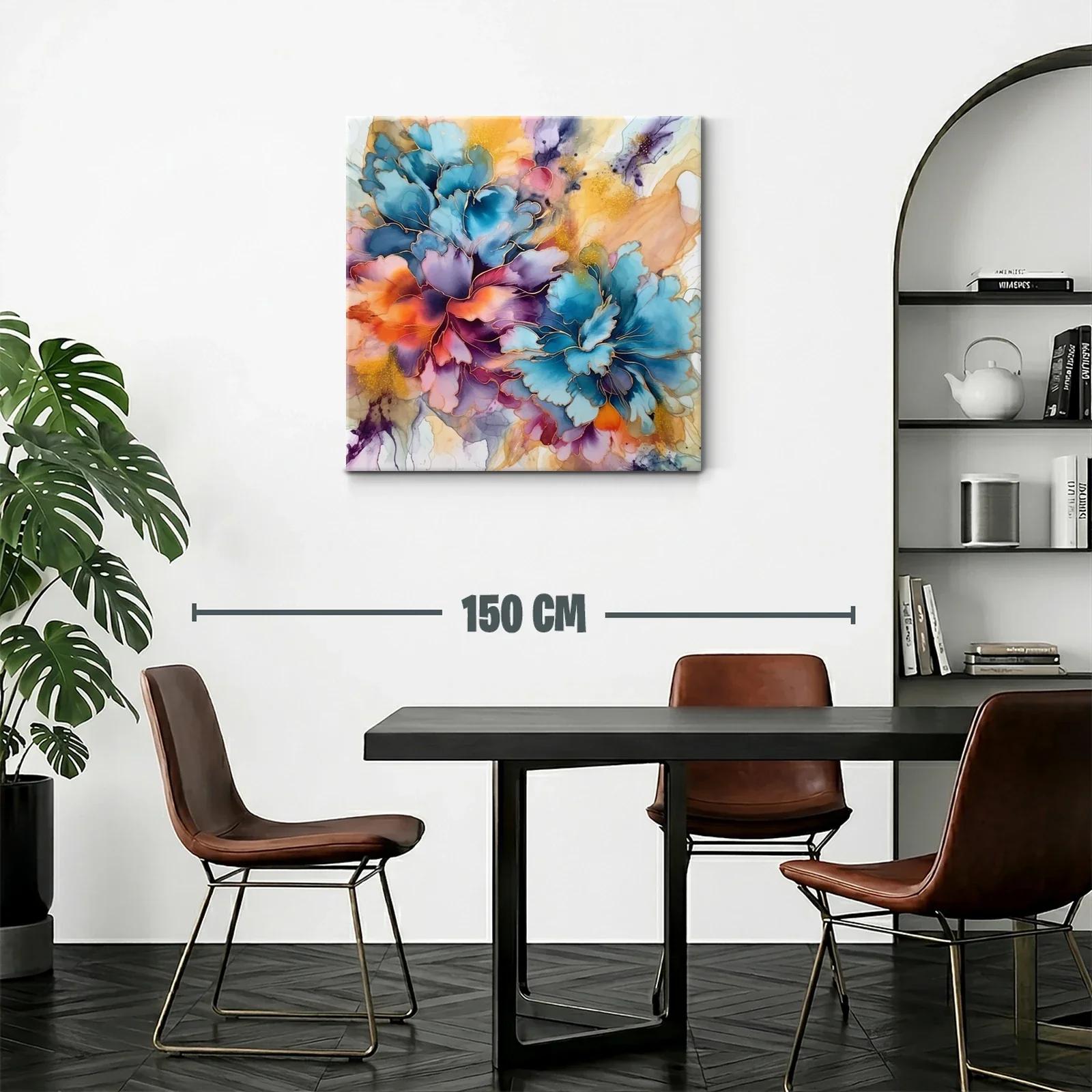 Cuadro floral vibrante con tonos azul y naranja intensos — miniatura 2