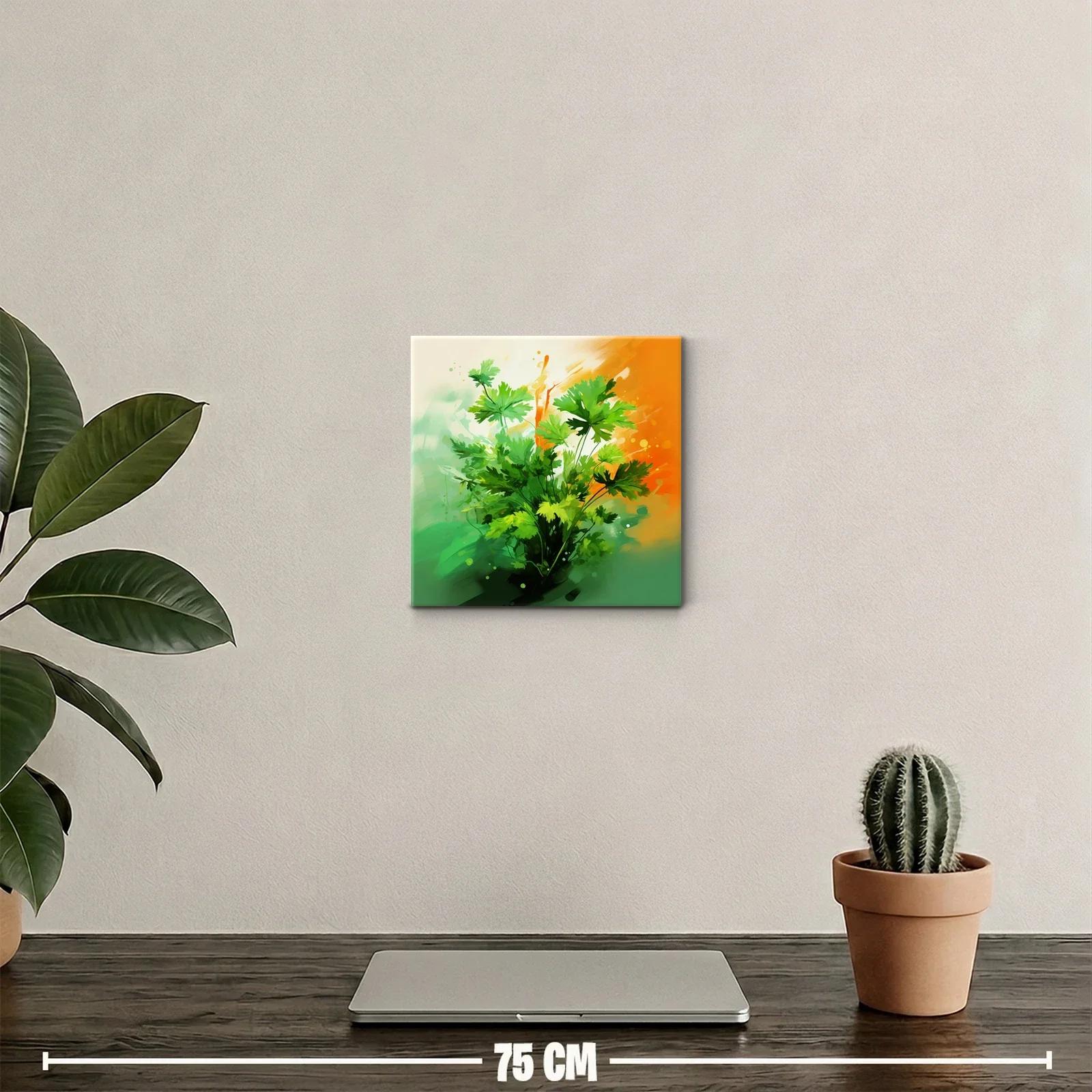 Cuadro decorativo con hojas verdes y fondo vibrante naranja — miniatura 2