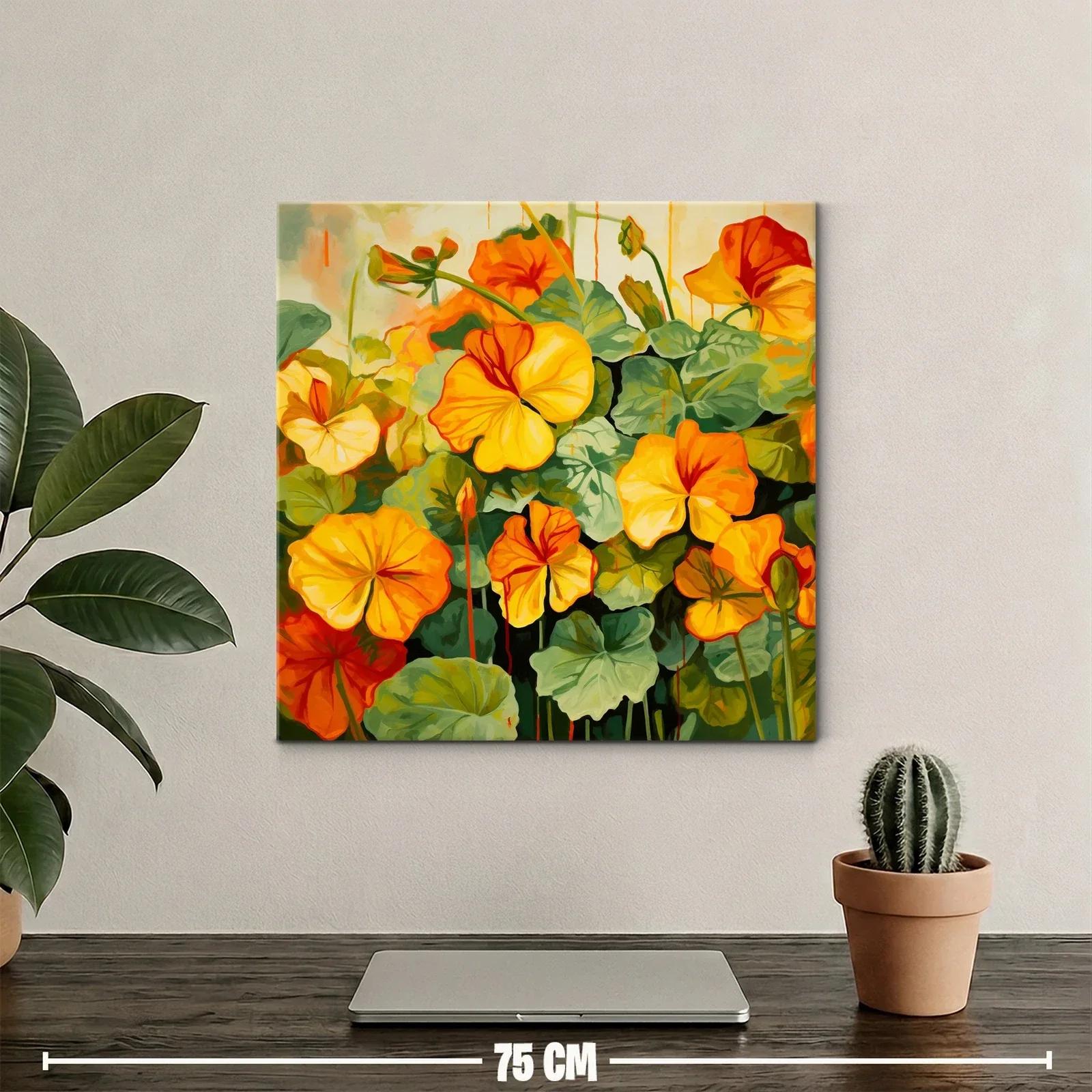 Cuadro vibrante con flores en tonos cálidos y hojas verdes — miniatura 2
