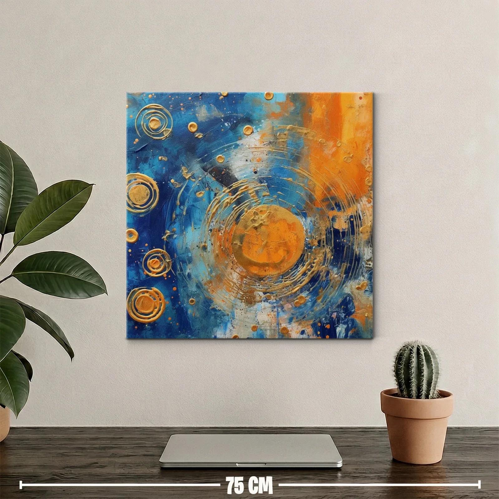 Cuadro abstracto con círculos dorados y contraste azul naranja — miniatura 2