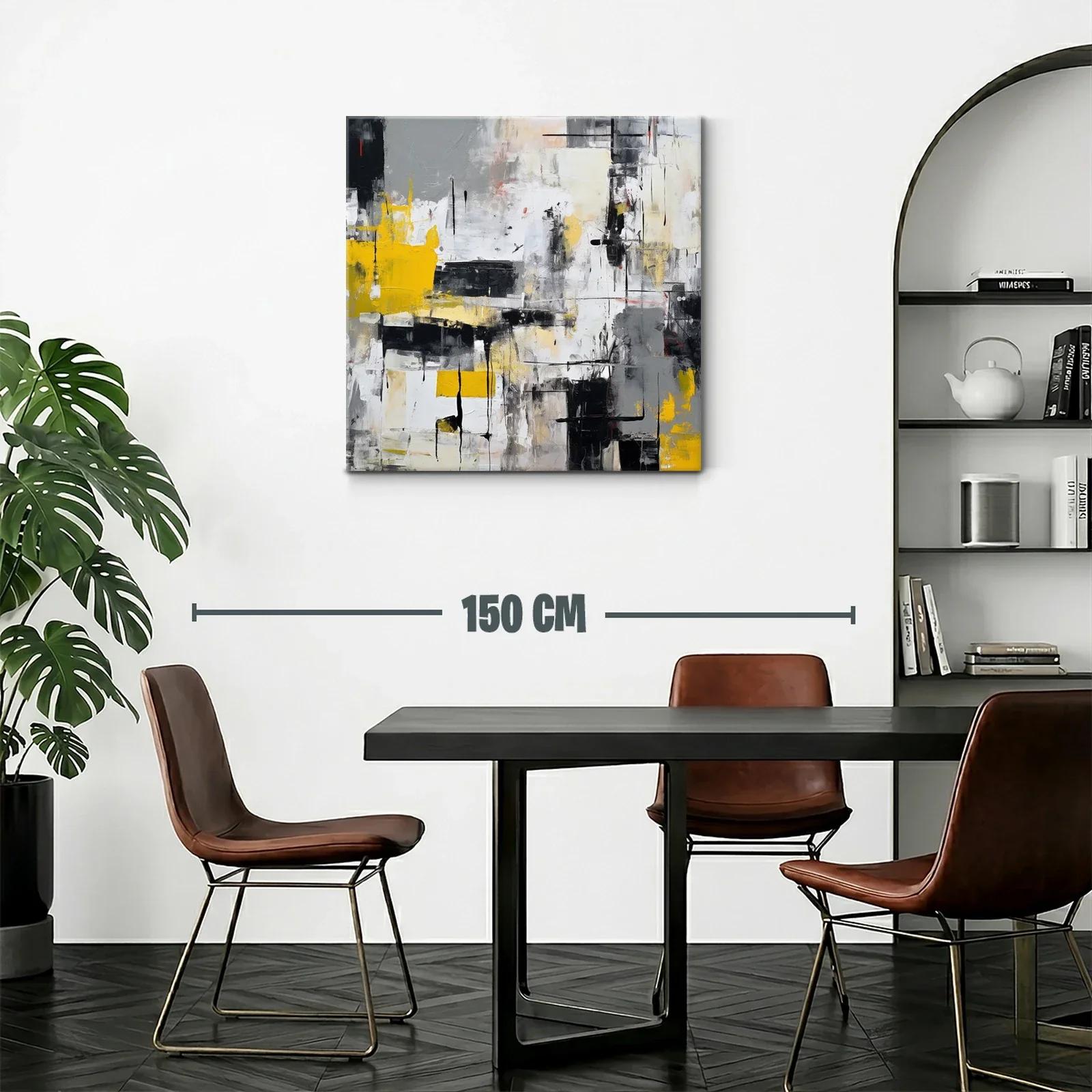Cuadro abstracto con tonos grises y toques amarillos vibrantes — miniatura 2