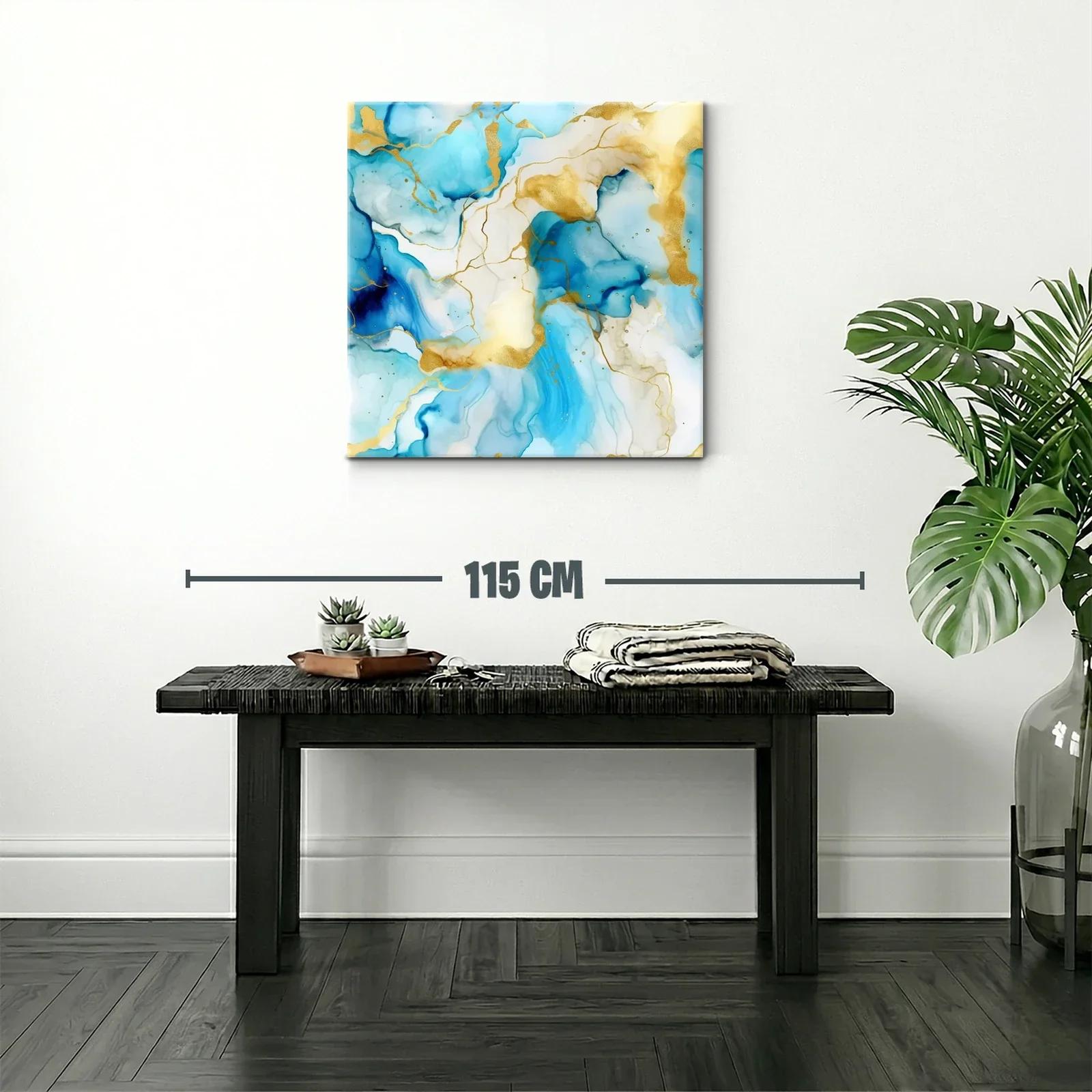 Cuadro abstracto azul y dorado con diseño fluido elegante — miniatura 2