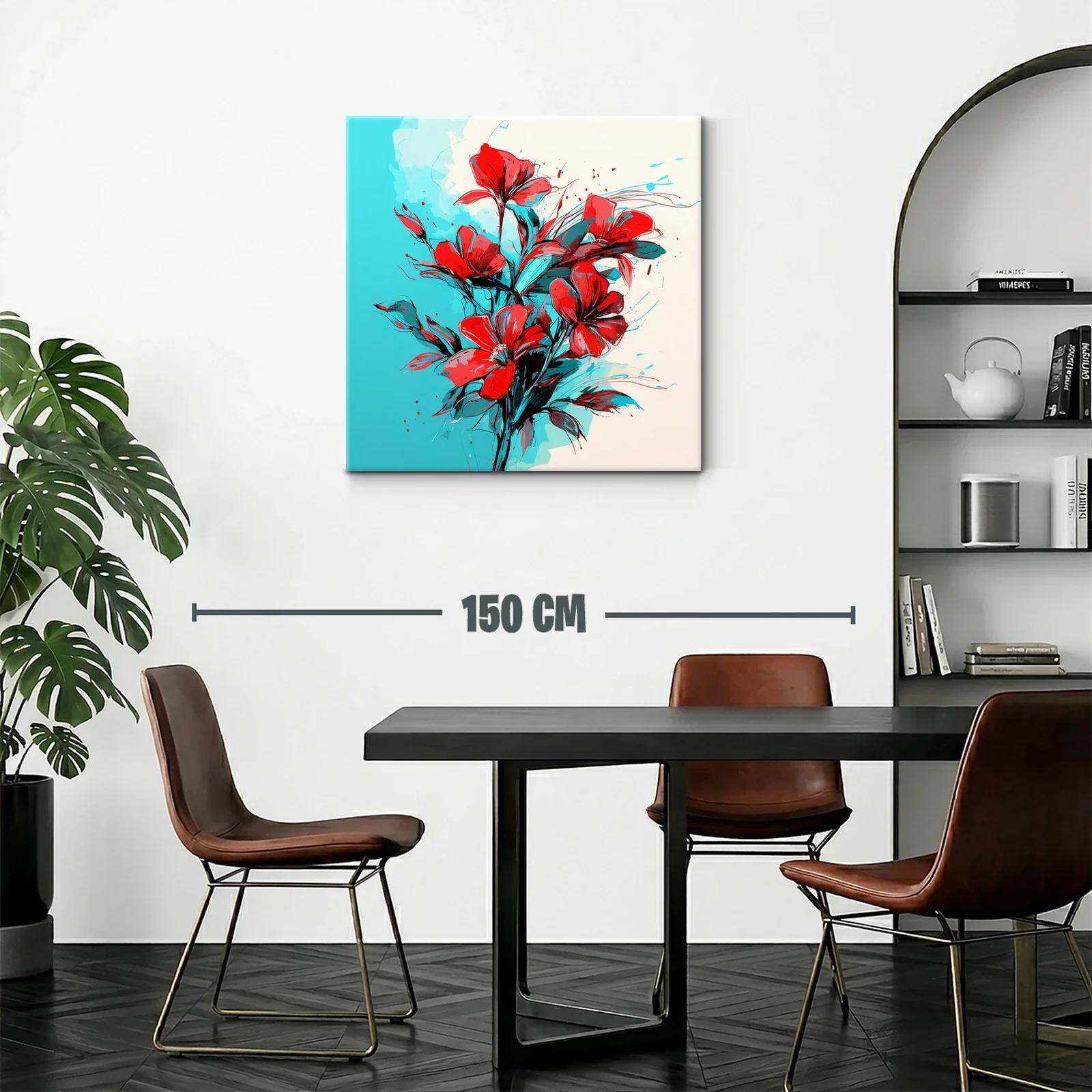 Ramo vibrante de flores rojas sobre fondo azul y beige — miniatura 2