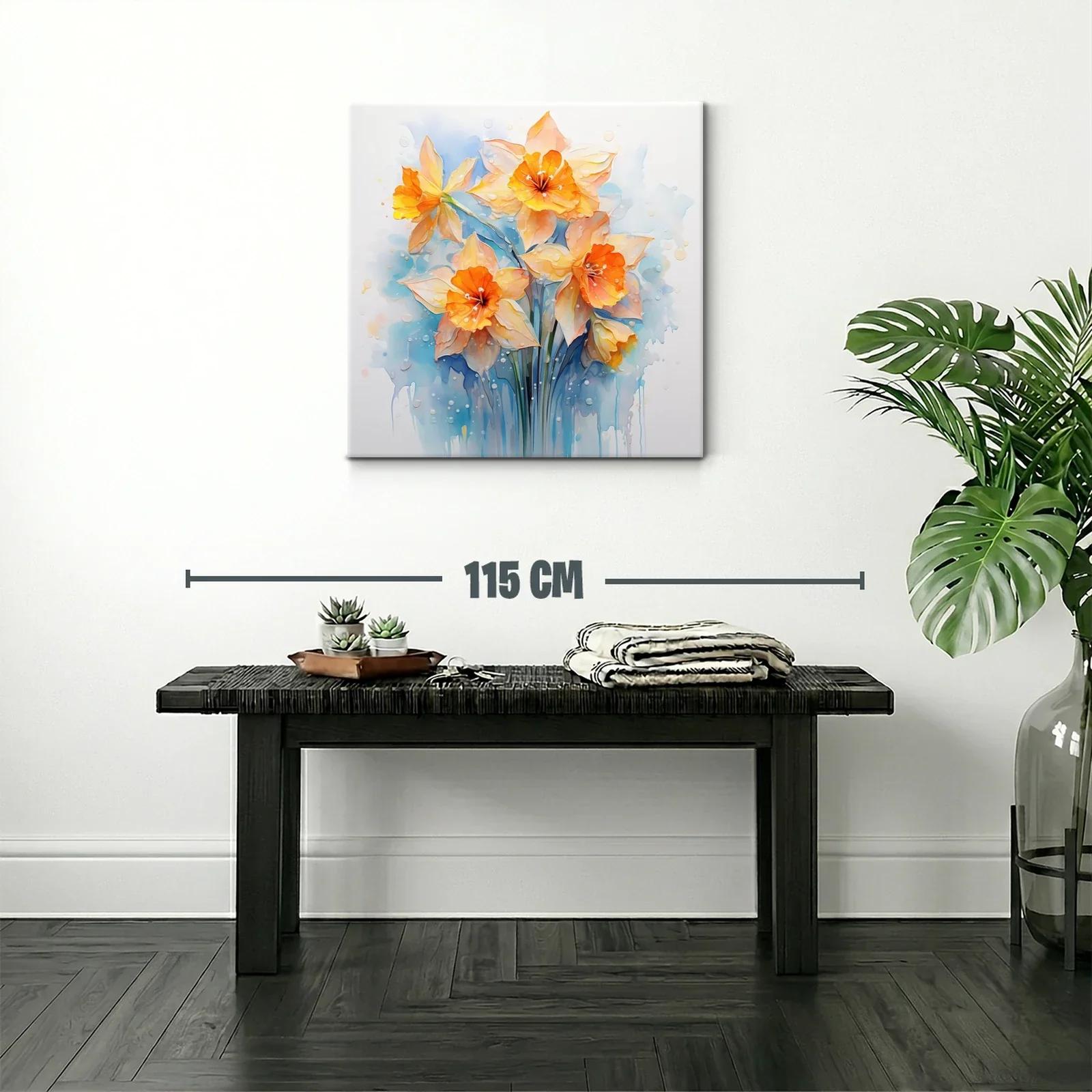 Cuadro floral con narcisos en tonos cálidos y azules suaves — miniatura 2