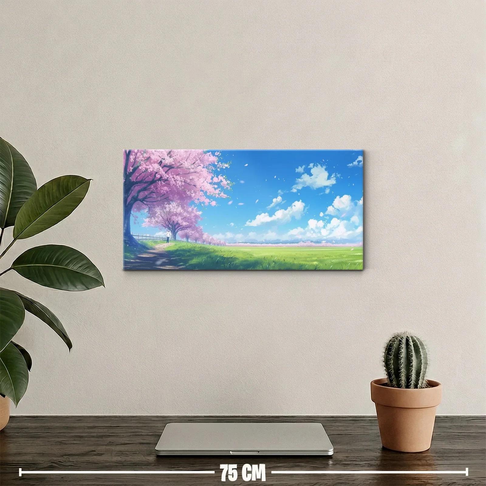 Cuadro árbol en flor rosa con pradera y cielo abierto — miniatura 2
