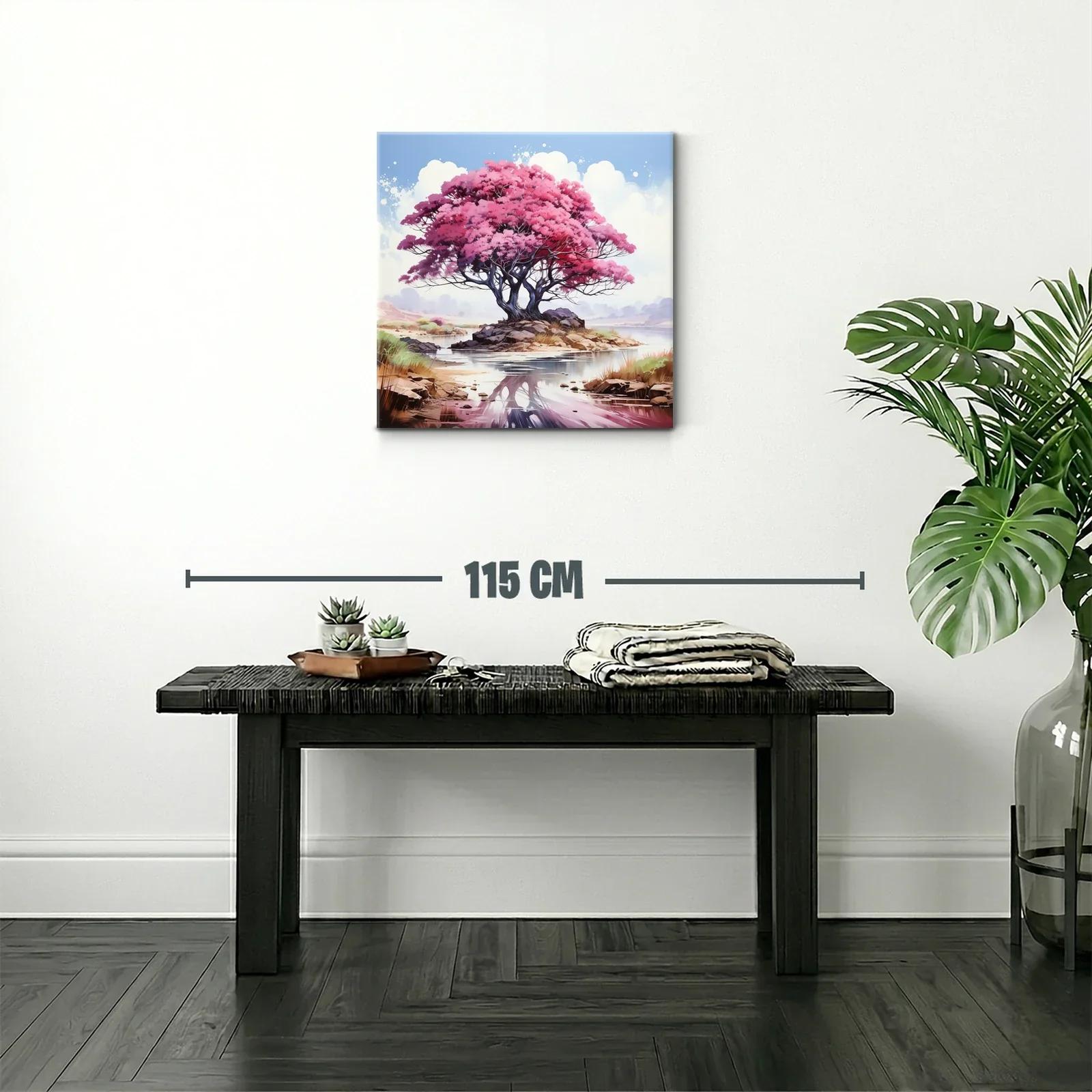 Árbol rosa reflejado en un lago sereno y tranquilo — miniatura 2