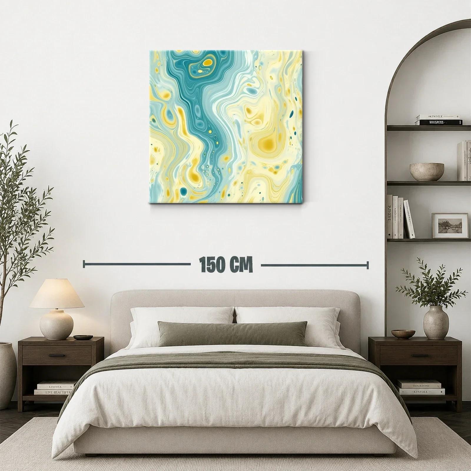 Cuadro abstracto con fluidas formas y tonos aqua y amarillo — miniatura 3