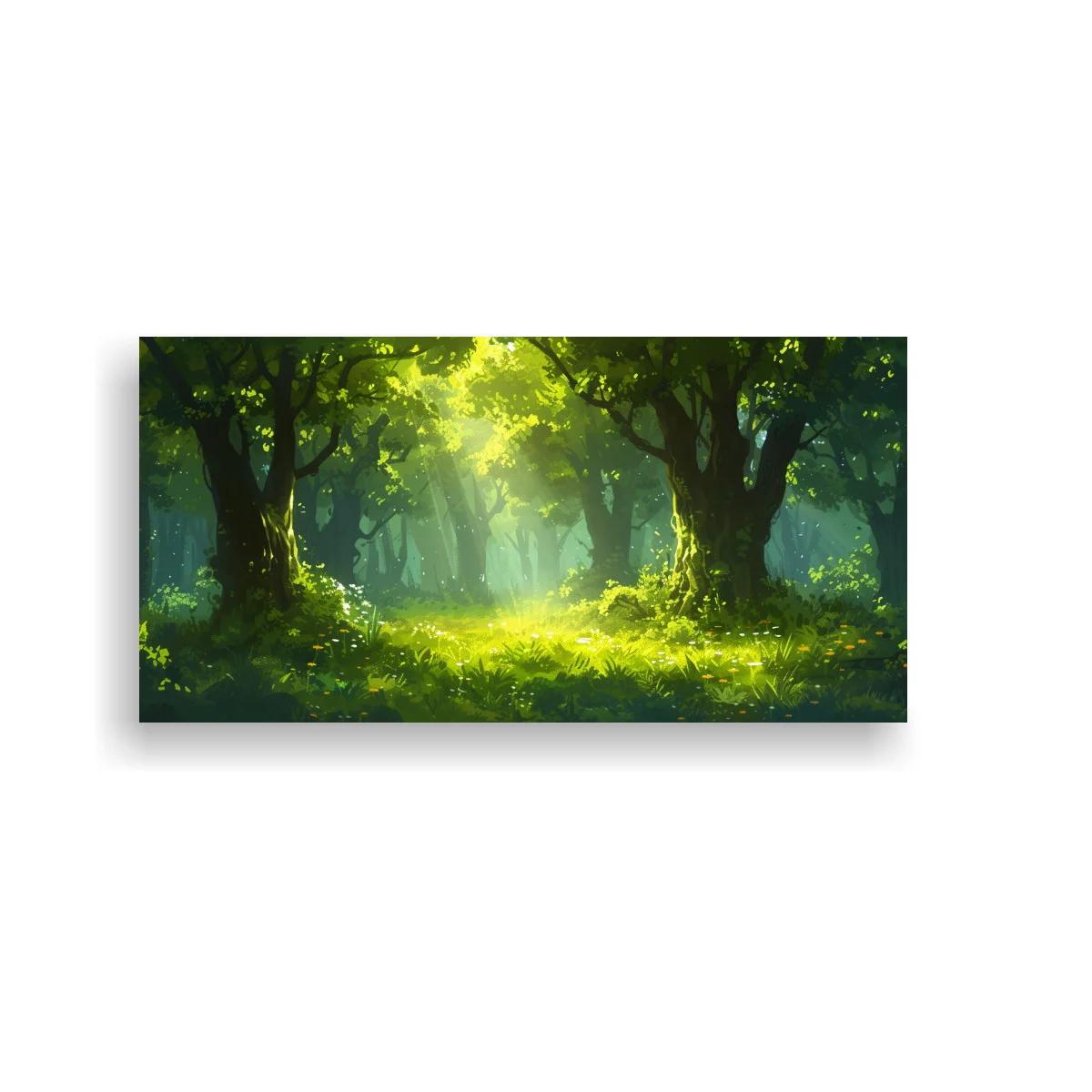 Cuadro bosque iluminado con rayos de luz y neblina — imagen principal