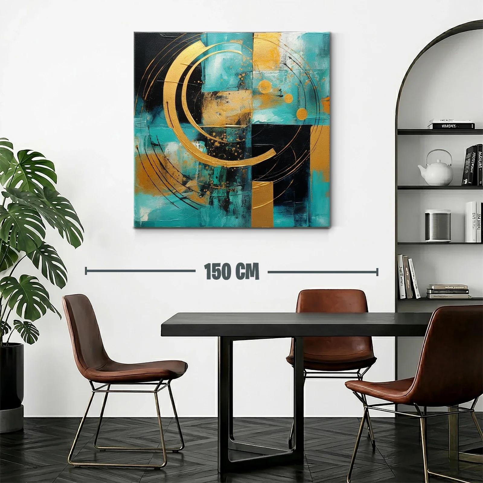 Cuadro abstracto con círculos dorados sobre fondo turquesa y negro — miniatura 2