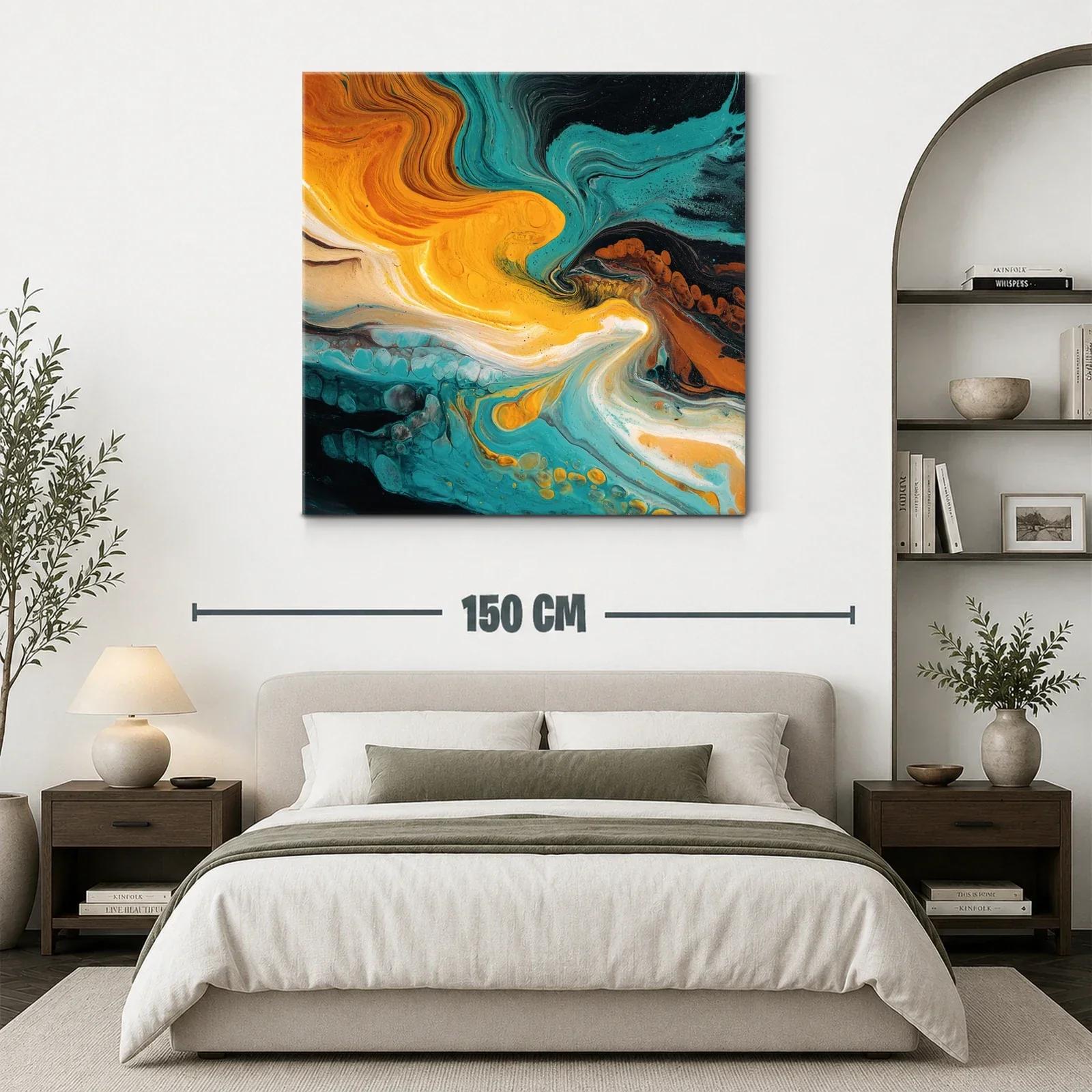 Cuadro abstracto con tonos turquesa y naranja vibrante — miniatura 3