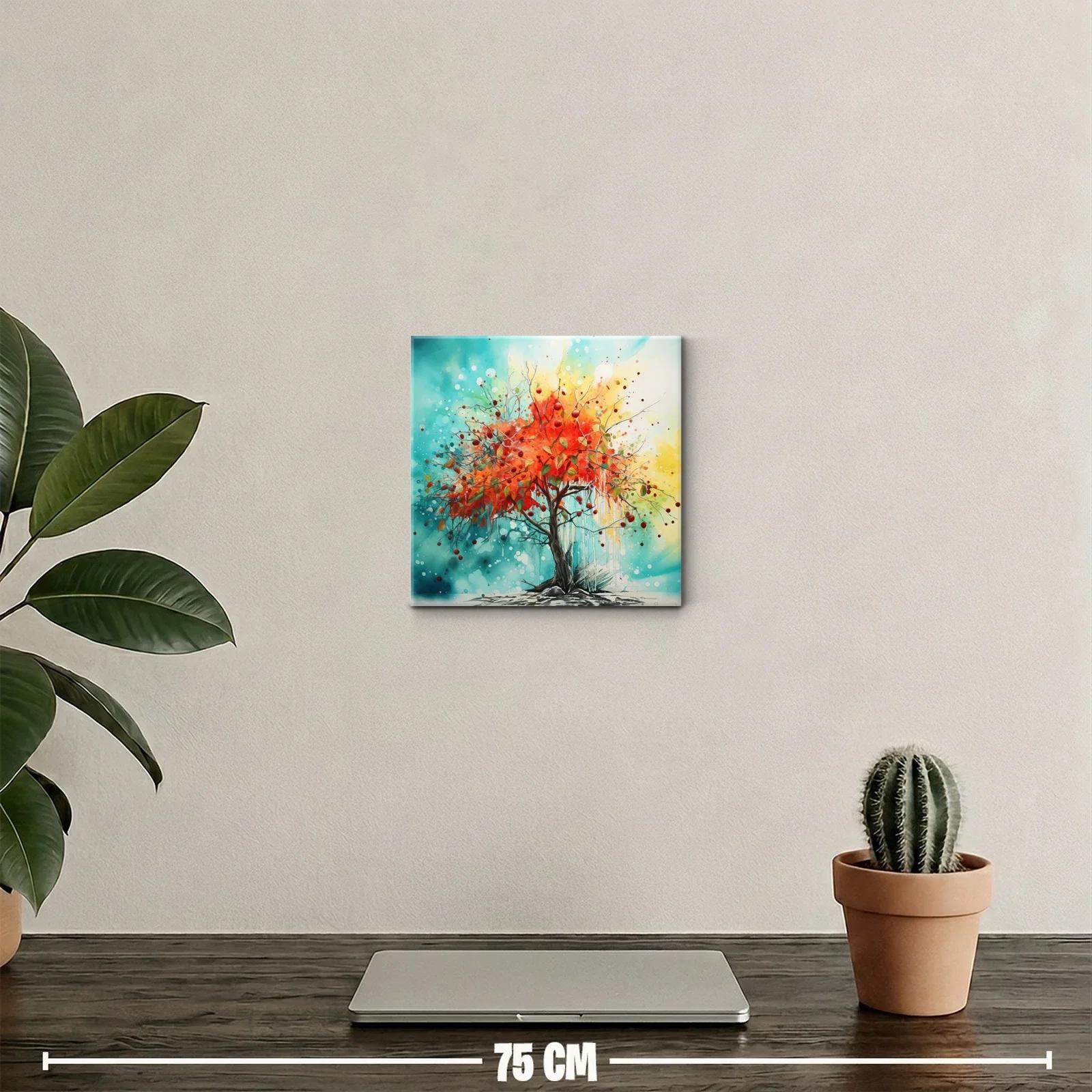 Árbol vibrante con hojas rojas en fondo azul y amarillo — miniatura 2