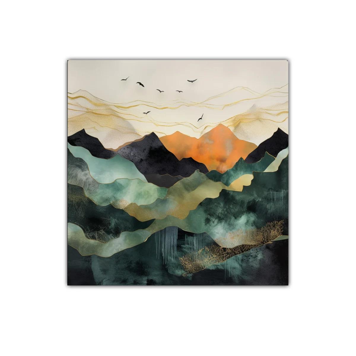 Paisaje abstracto con montañas y aves en tonos cálidos — miniatura 1