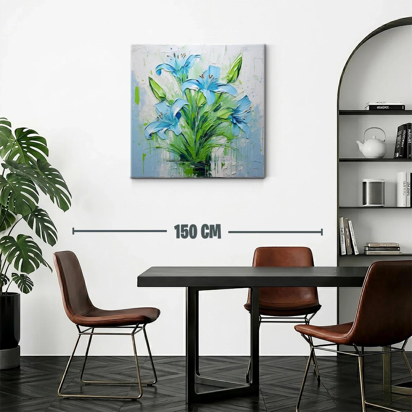 Cuadro floral intenso con lirios azules y verdes vibrantes — miniatura 2