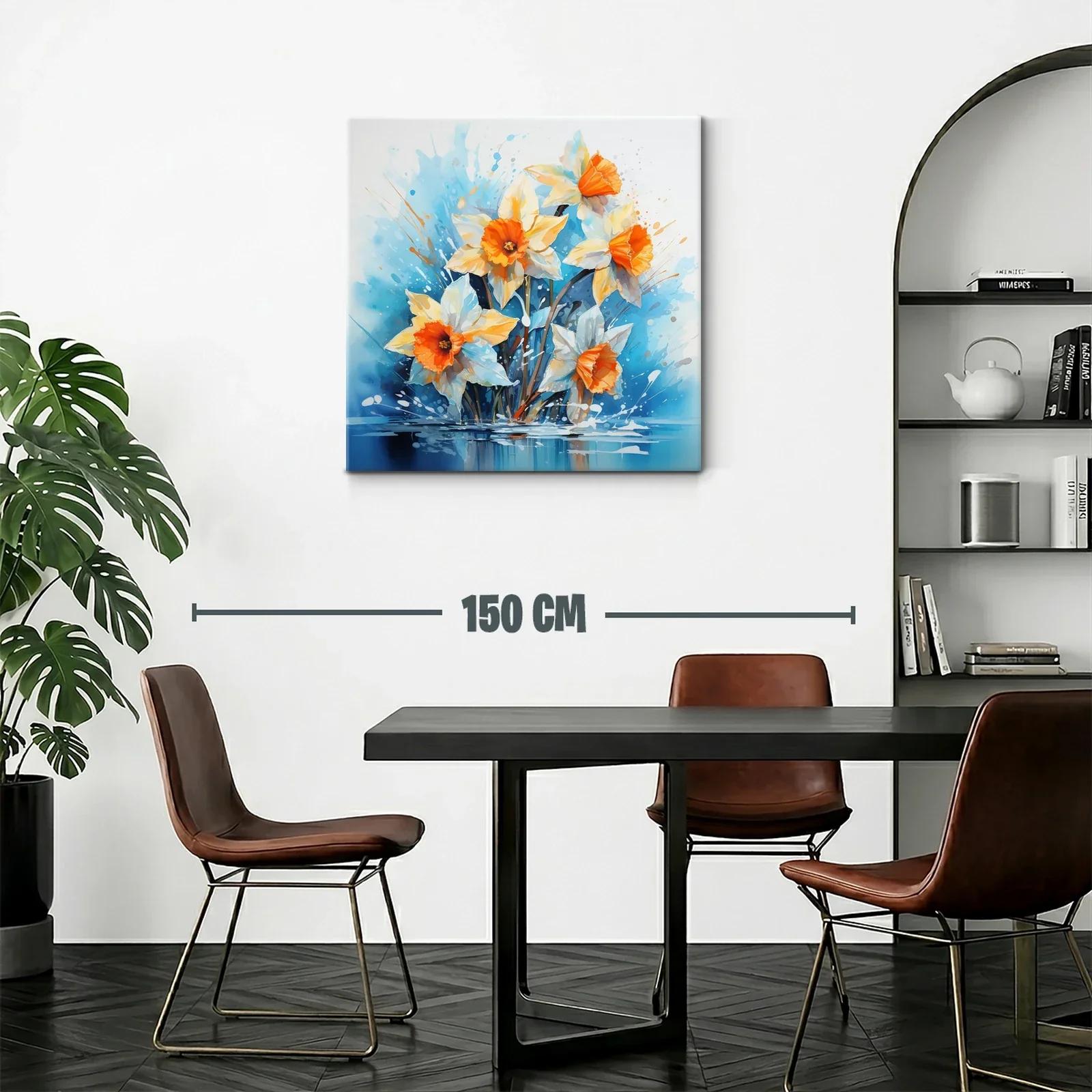 Cuadro floral vibrante con narcisos anaranjados y fondo azul — miniatura 2
