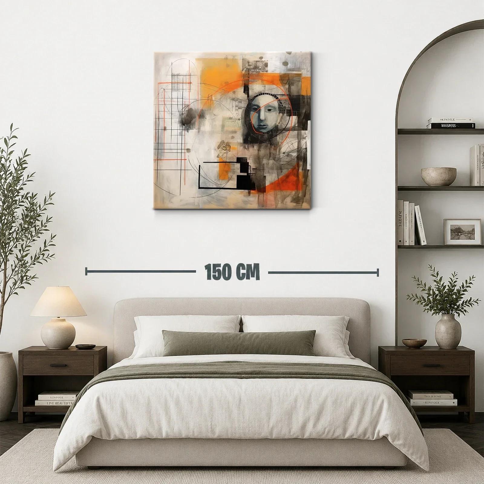 Cuadro abstracto con rostro y formas geométricas naranja y negro — miniatura 3
