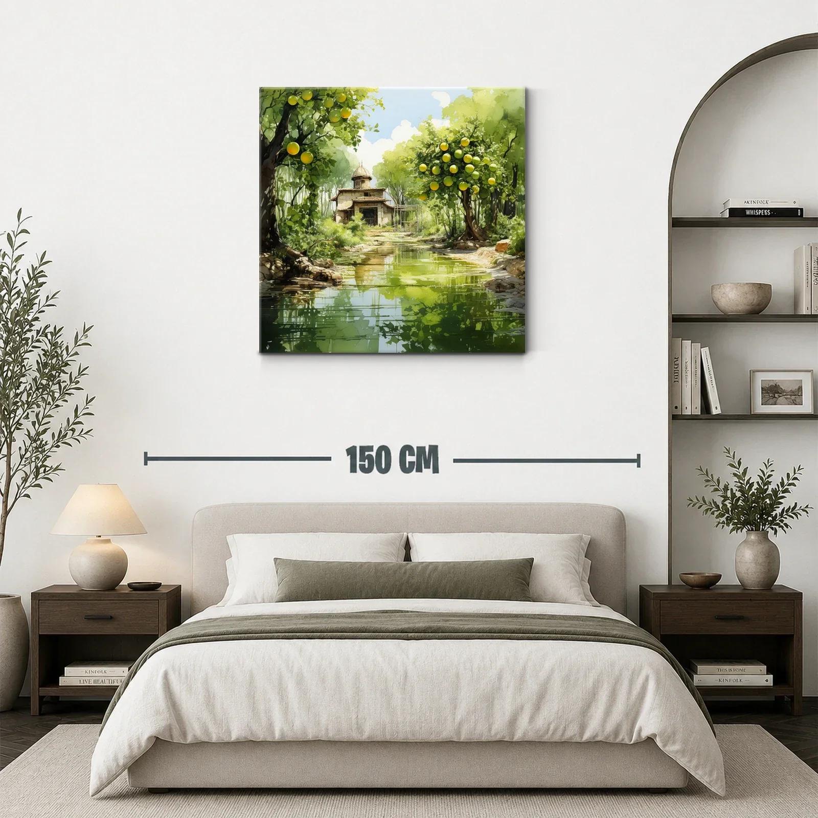 Paisaje sereno con casa y árboles frutales junto al río — miniatura 3