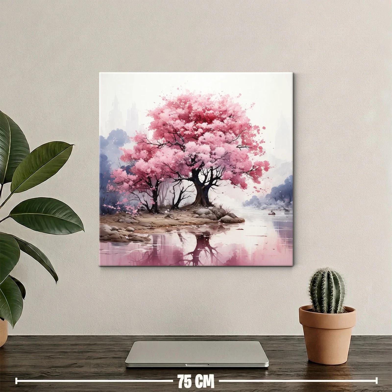 Paisaje sereno con árboles en flor y reflejo en agua — miniatura 2