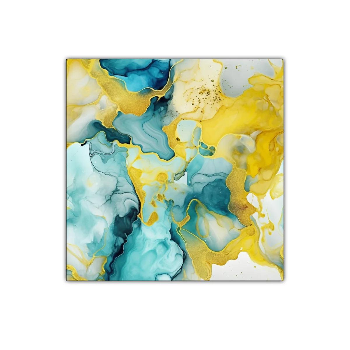Cuadro abstracto con tonos turquesa y dorados vibrantes — miniatura 1
