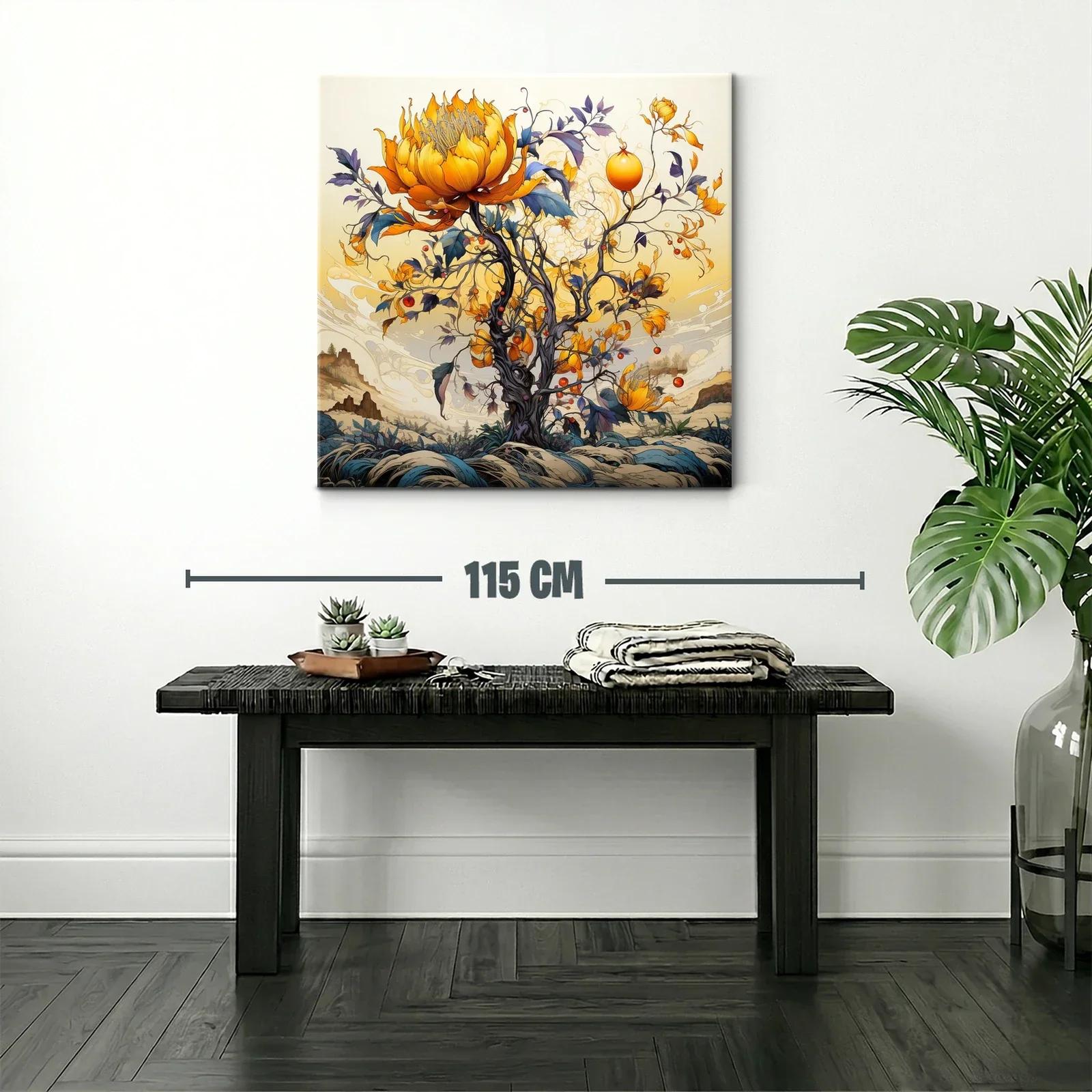 Cuadro fantasioso con árbol y flores en tonos cálidos — miniatura 2