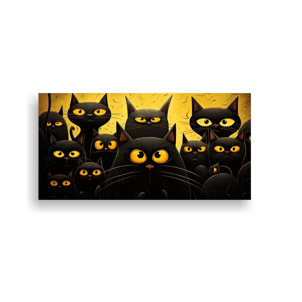Cuadro grupo de gatos negros con fondo dorado agrietado — imagen principal