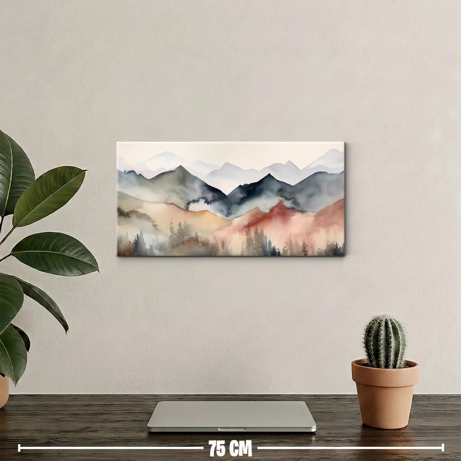 Cuadro cordillera de montañas brumosas con franja de pinos — miniatura 2