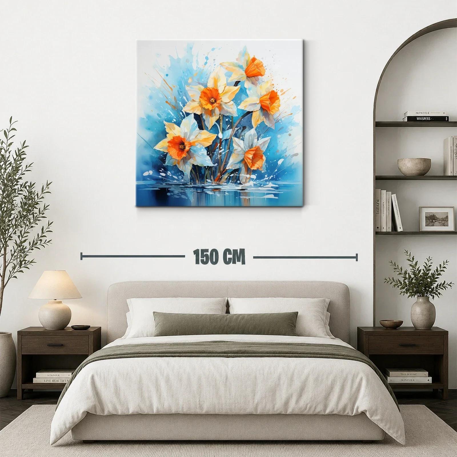 Cuadro floral vibrante con narcisos anaranjados y fondo azul — miniatura 3