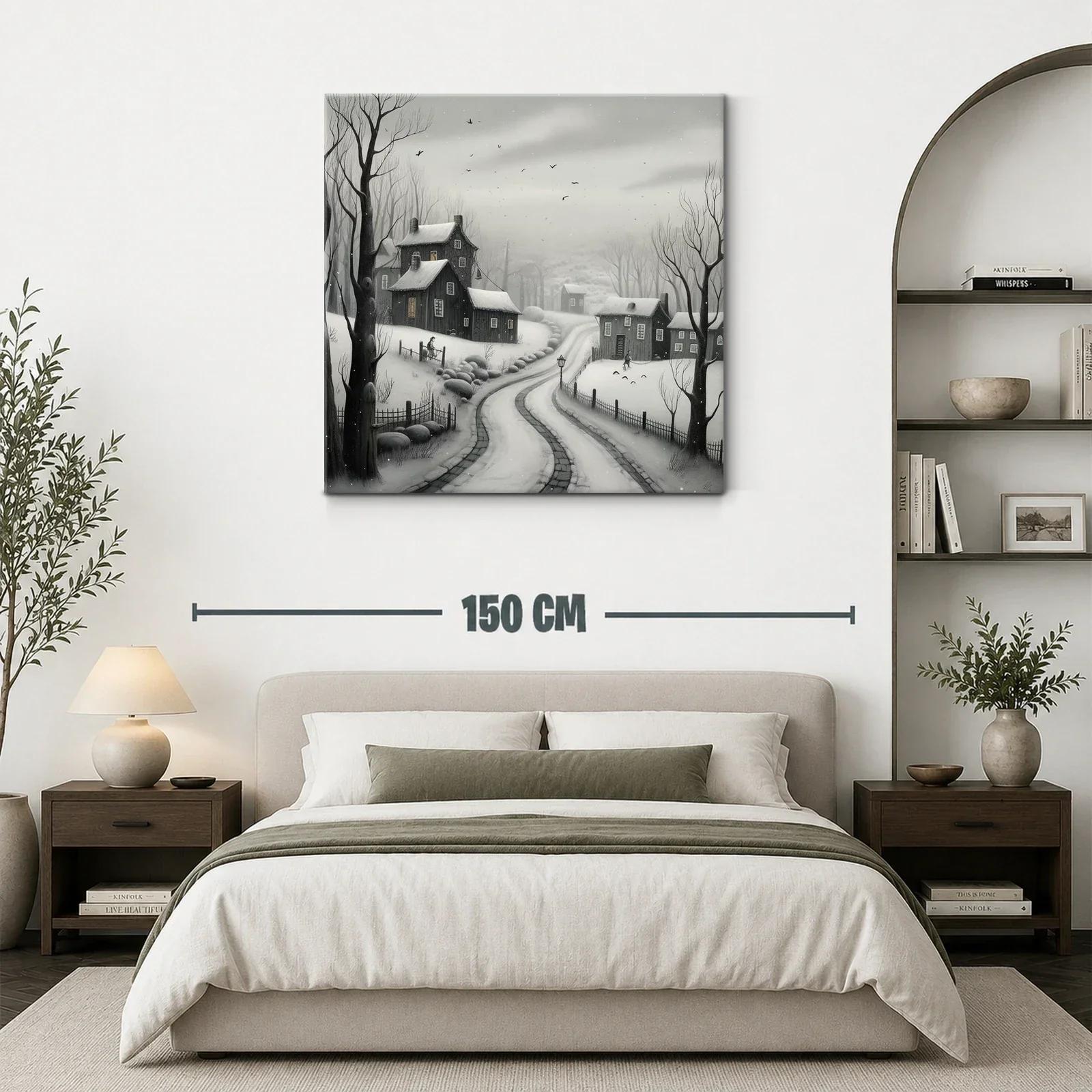 Paisaje invernal con casas y camino nevado en tonos grisáceos — miniatura 3