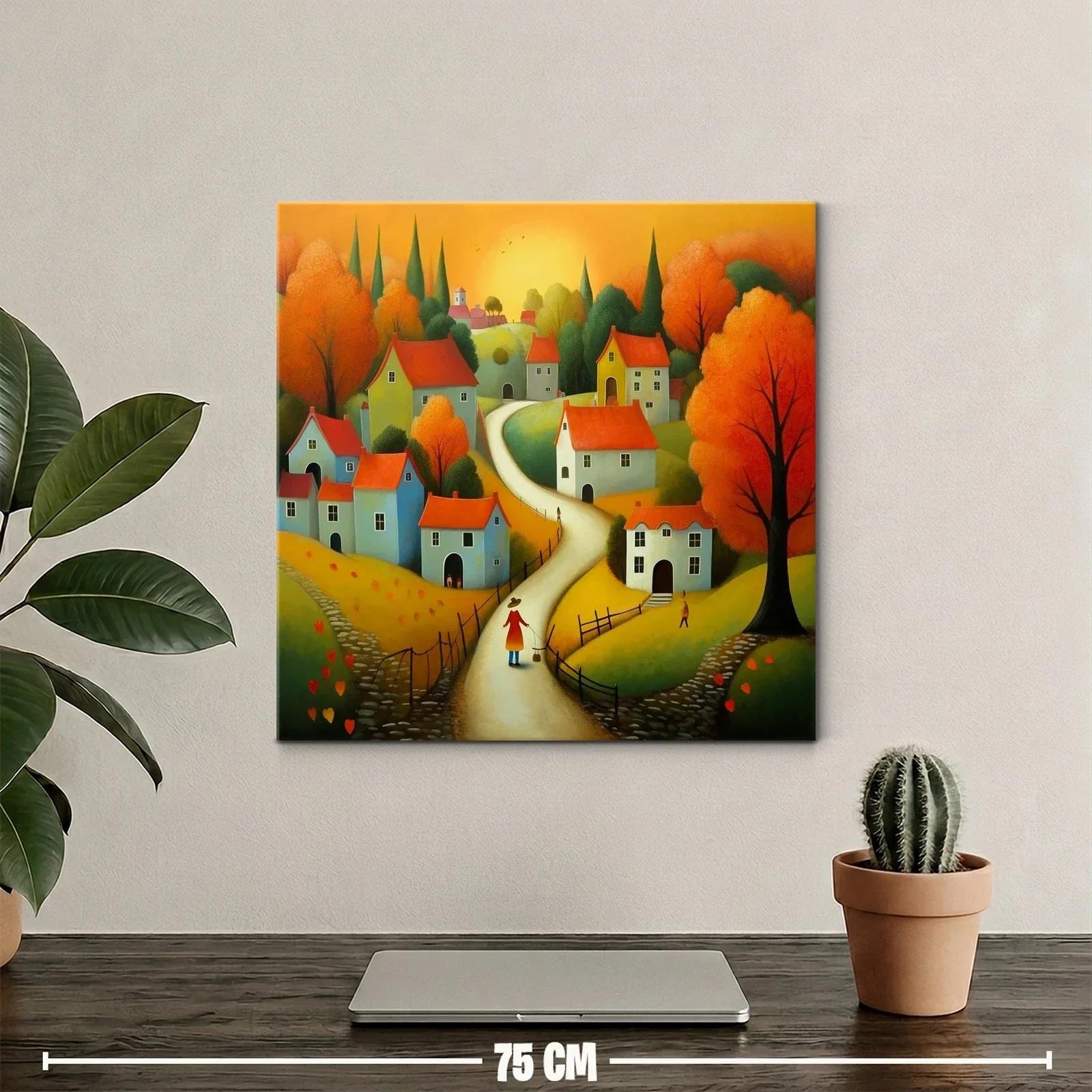 Paisaje otoñal con casas y sendero iluminado al atardecer — miniatura 2