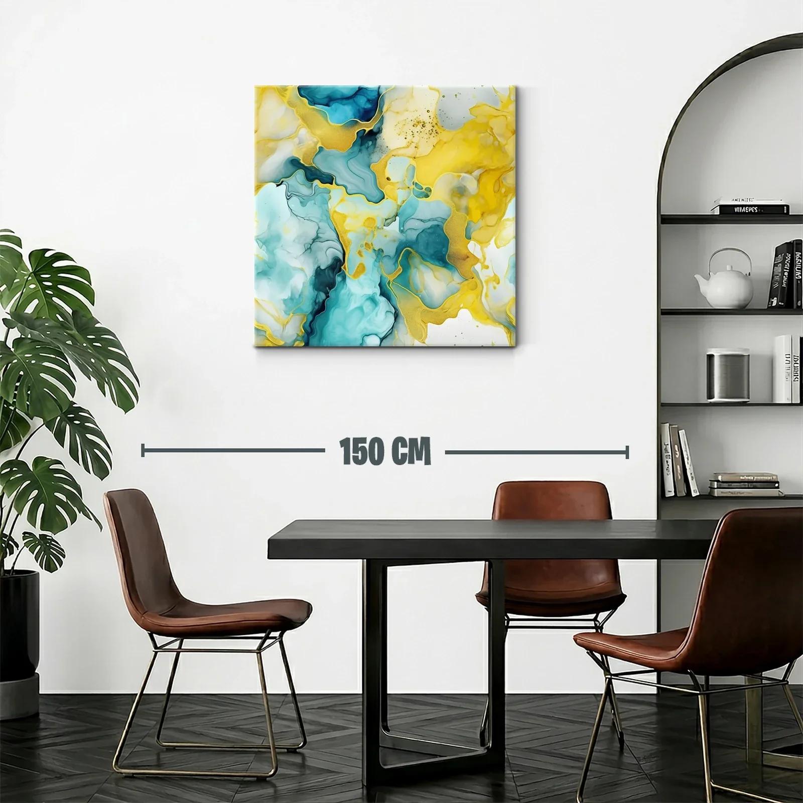 Cuadro abstracto con tonos turquesa y dorados vibrantes — miniatura 2