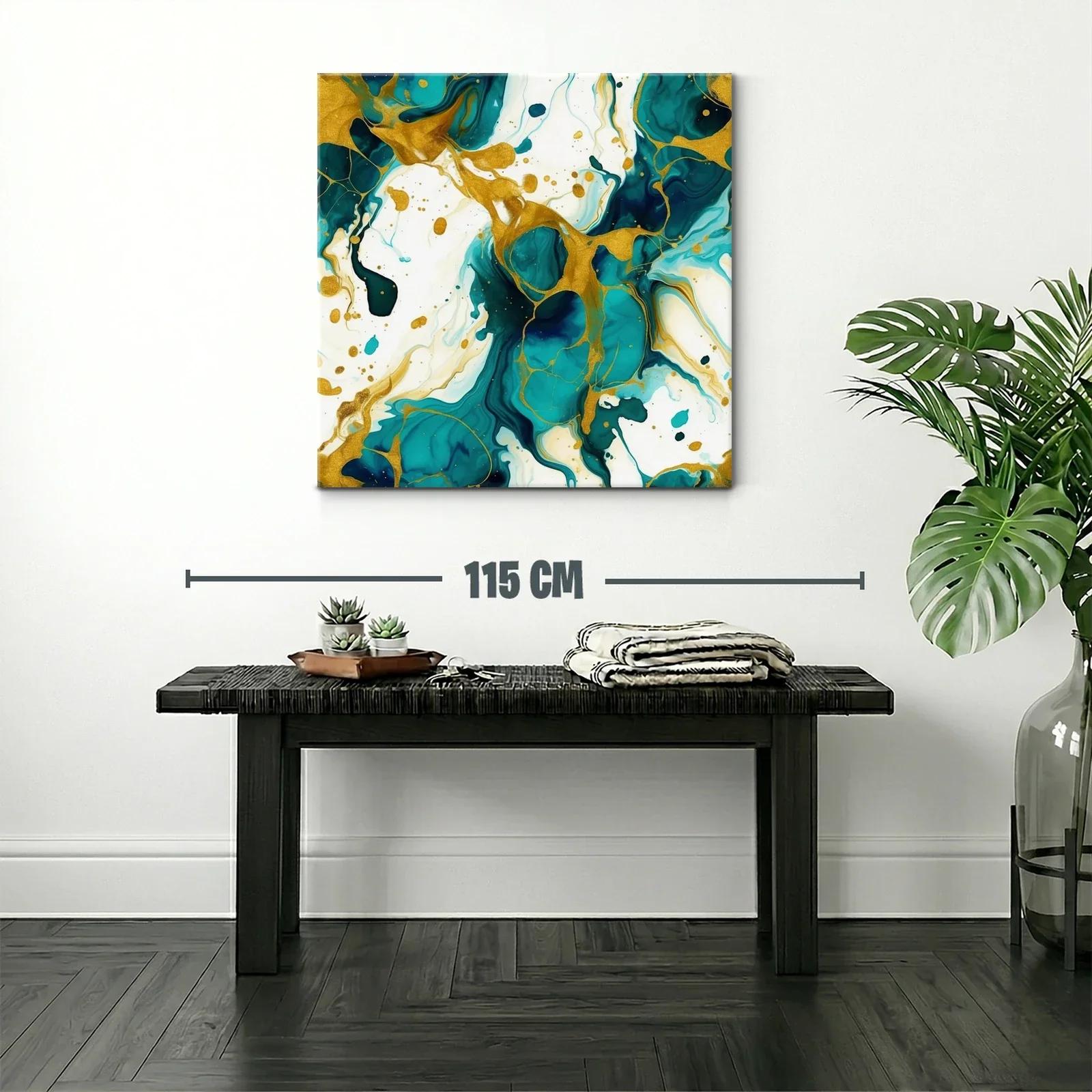 Cuadro abstracto con tonos turquesa y dorados vibrantes — miniatura 2