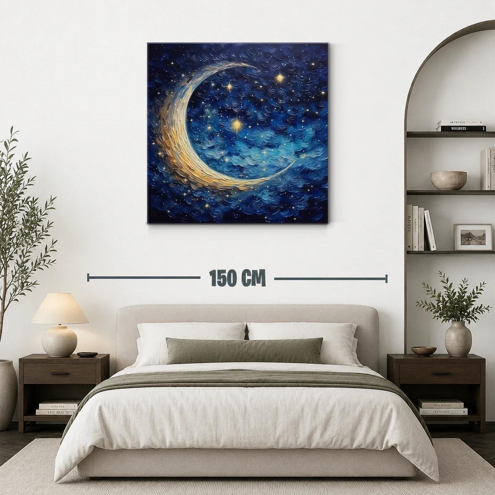 Cielo estrellado con luna creciente en tonos azul y dorado — miniatura 3