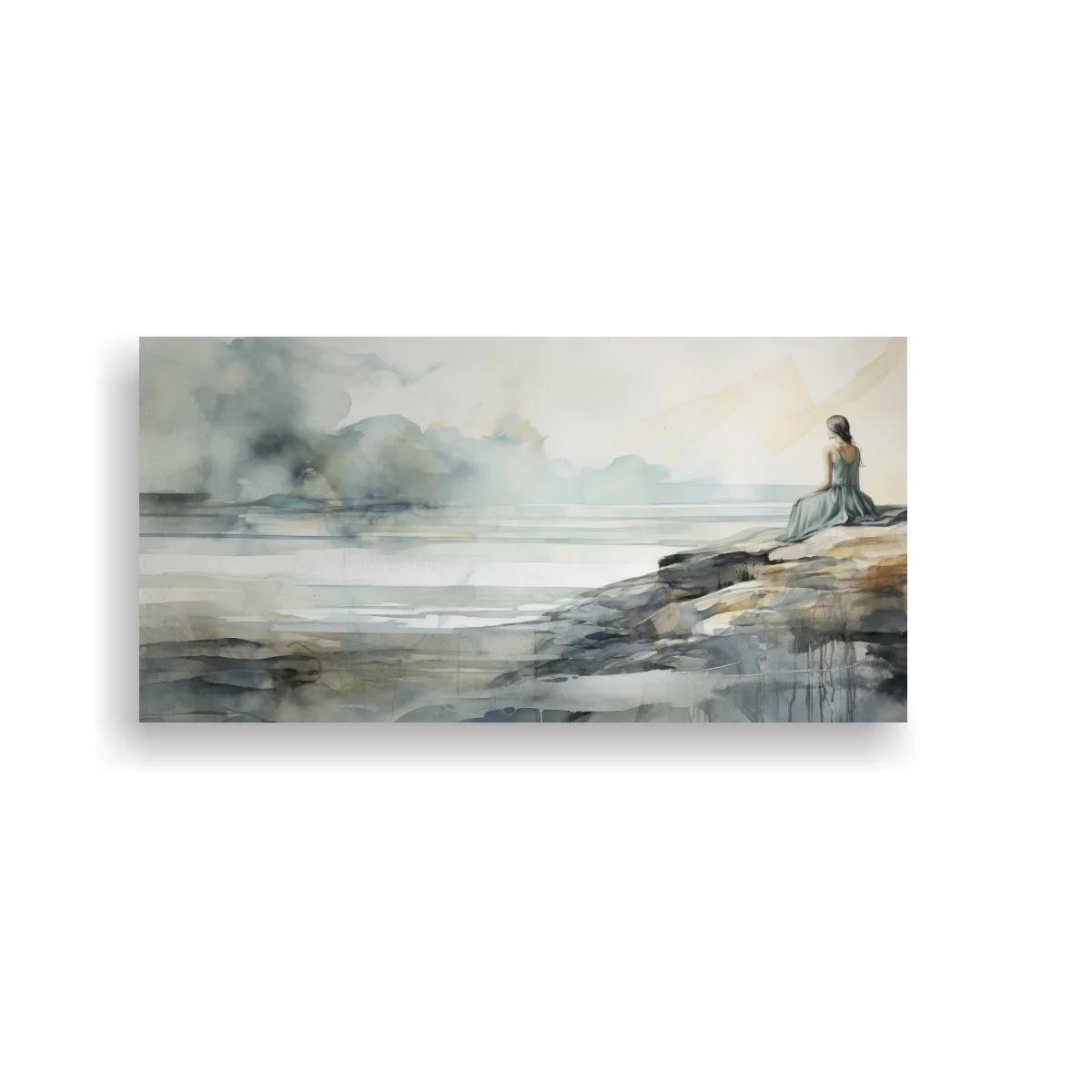 Cuadro mujer sentada junto al mar en paisaje amplio — imagen principal