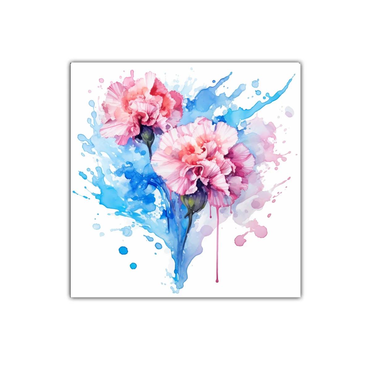 Flores rosas con fondo acuarela en tonos azules vibrantes